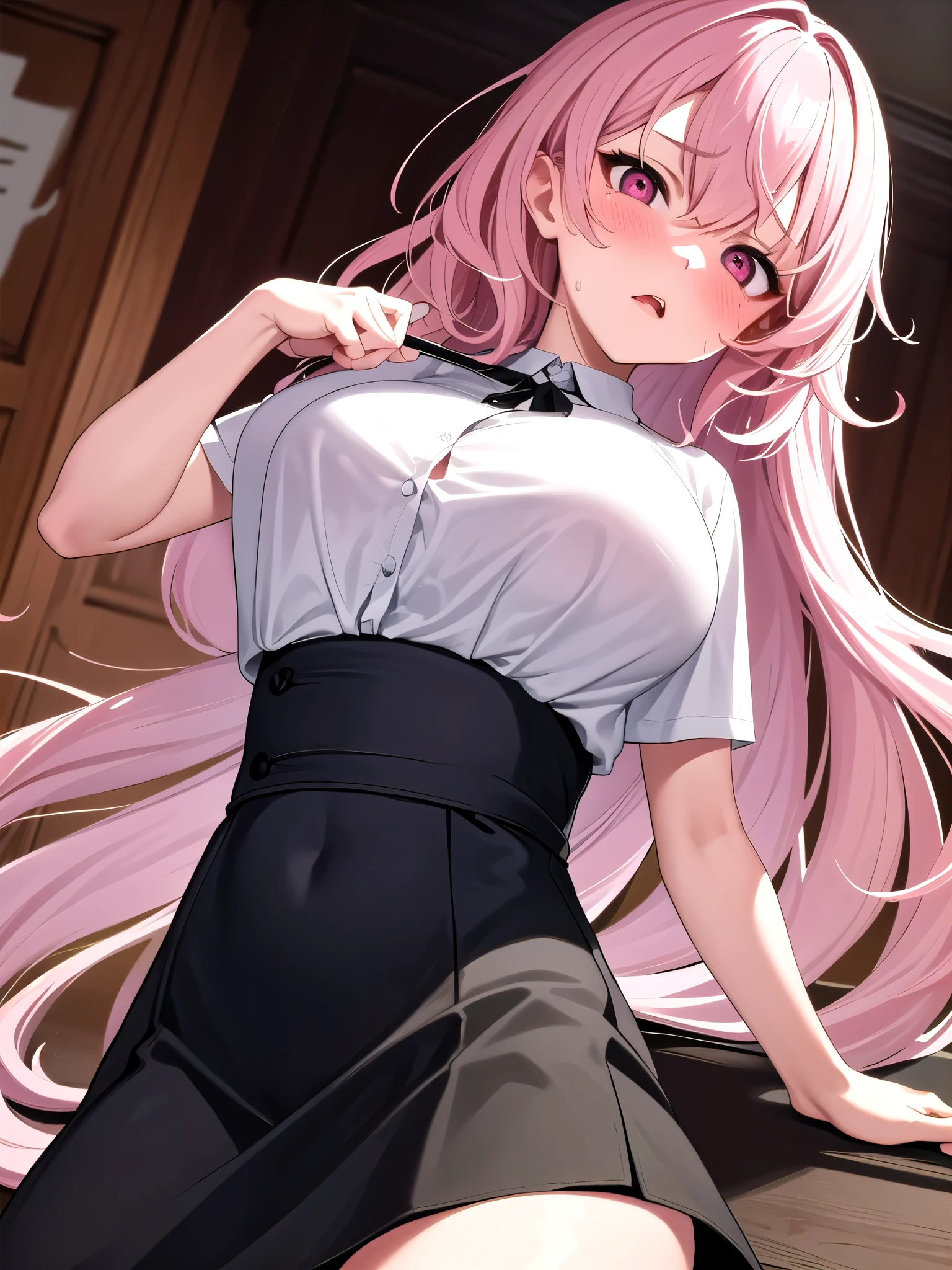 (masterpiece,highest quality, detailed), One girl, alone, indoor, night, Upper Body, Sweat, Ahegao, Roll your eyes, blush, naked、Pink Hair,Messy wavy long hair,open chest white shirt、A tight-fitting shirt、Black flared skirt、Big Breasts
