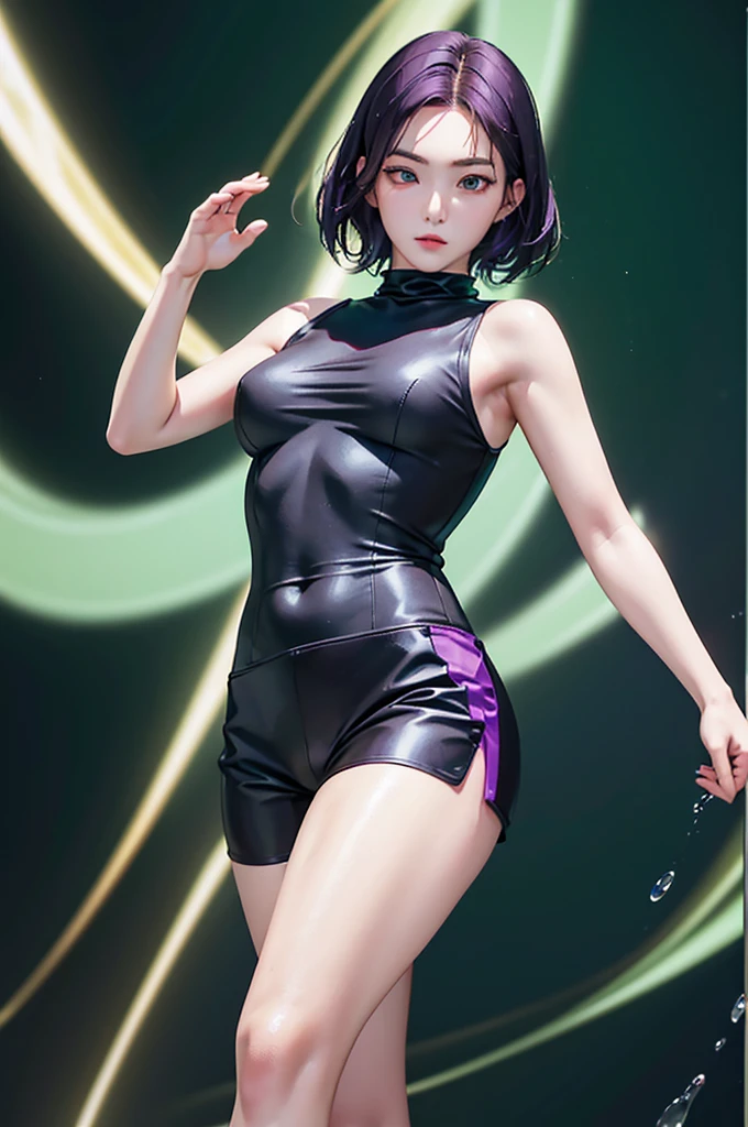 (Finest quality)),(A high resolution),(ultra-detailled art),(Meticulous portrayal),((Best Anime)),(Finest works of art),sharpness,Clear,Ultra-Precision Art,The art of astounding depiction, (Female Ninja in the Dark:1.3),
short Hair,
purple hair, vibrant purple hair, extremely detailed hair, bangs, short hair only,
pretty eyes,
beautiful eyes, detailed eyes, perfect eyes, green eyes,
pretty face,
beautiful lips, soft lips,pretty face, close up face, korean girl, korean beauty, irene, red velvet irene,serious face,
pretty nose,
beautiful nose,
clear skin,
clear skin, white skin, soft skin,
slim body,
small breasts, normal thighs, show navel, perfect body,
ninja clothes,
ninja outfit, black outfit, black skirt, thigh-level skirt, safety shorts, cycling shorts, ninja shorts, long shorts, ninja armor, female ninja suit,reveal shoulders, show slight cleavage, black top, black thigh-high socks, arm sleeves,
fighting pose,
looking at camera, attack pose, fighting pose,
water element,
water splash behind, waterbender, in water, big water waves, green floating lights,
green aura glowing from the hands, standing in water,
healing element,
green aura, sparkling green glow, many green lights behind,emerald lights,
high-angle shot,
looking up,