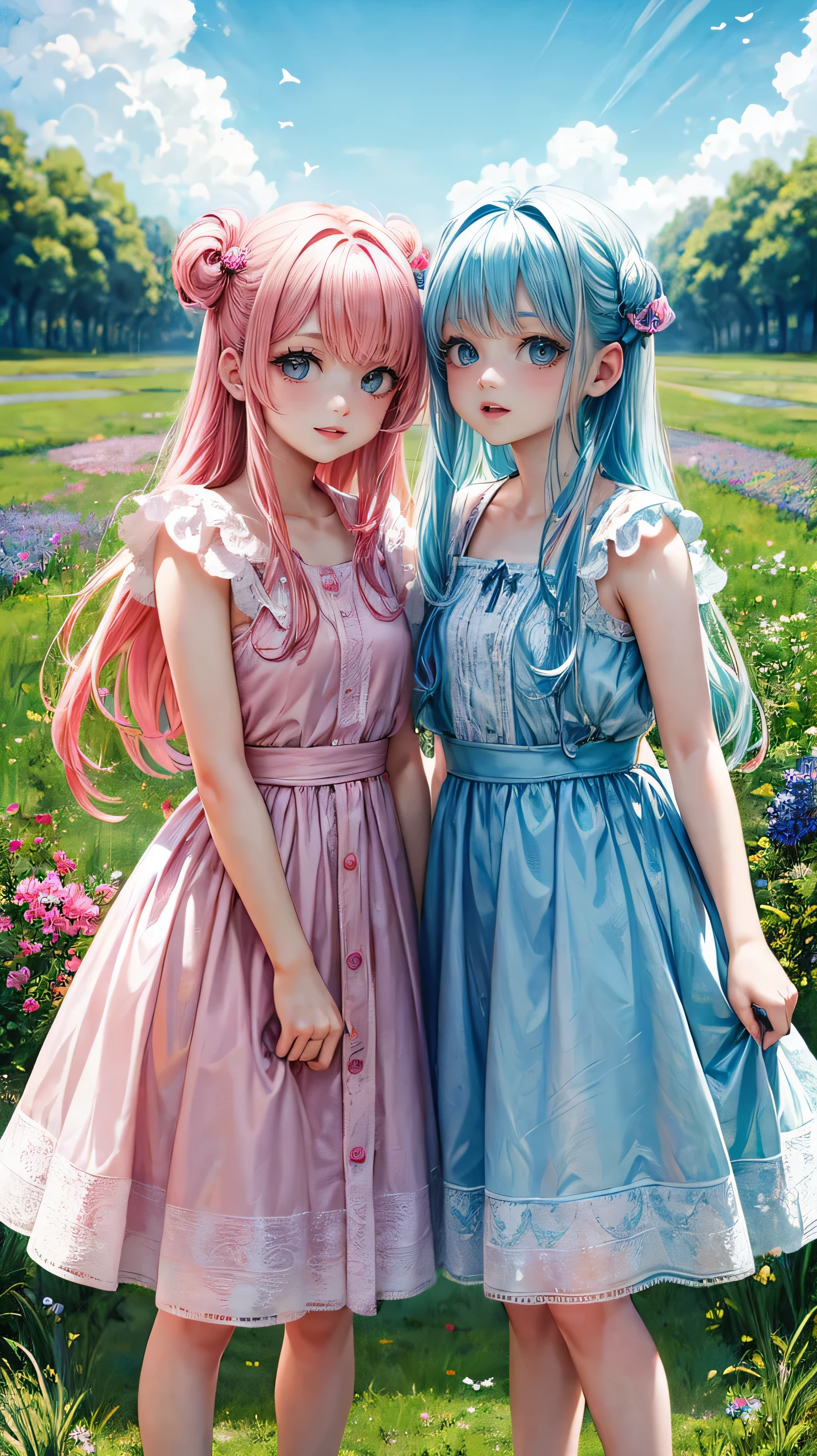 Two pure and innocent girls,、2 people(Pink-haired person、1 Name Light Blue Hair)、Cute face、Beautiful Eyes、White skin、Natural Beauty、Warm sunshine、Wildflowers swaying in the wind々Surrounded by、Enjoying time in the fields。Butterflies and birds fly around her、Creates a playful atmosphere。