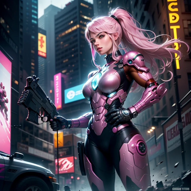 Stormy Day, New York City Times Forget, Hot Pink, (Pink Hulkbuster Large Armor), Fantasy, Cyberpunk, (Weapon, Gun Girl, Ultra Bright Pink: 1.1), 1Girl, Mechanical Marvel, Robotic Presence, Cybernetic Guardian , worn wear, intricate , Mechanic Suit (Steel [bright] Metal), Sleek, Clear Focus, Filmed by Greg Rutkowski, soft lighting, vibrant colors, masterpiece, ((street)), pretty girl, strong girl, muscular girl , long white hair, dynamic pose ,
