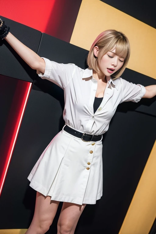 School, classroom, girl crucified on blackboard, full body, arms spread horizontally, Christ pose, (remote_play), (remote_tremble), olchan-6500-v1.1, Pyros face_v1, highest quality, masterpiece, shape, (realistic, photo realistic:1.37), amazing, detailed, change settings absurd, large file size, very detailed, high resolution, very detailed CG unity 8k wallpaper, ray tracing, browsing caution, 1 woman, Japanese, 19-year-old girl, (dark blonde medium wave hairstyle that falls over one eye. Bangs are slicked back.:1.3), (slender body),(OL, secretary, white collared shirt, micro mini skirt),(blushing:1.4),(cleavage), eyes closed, Witness an individual who is overwhelmed by the intense stimulation caused by a powerful vibrating device. A jolt of pleasure or surprise causes her to instinctively twist, her body responding to the electrical vibrations, her eyes closed and mouth open, her expression a mixture of joy and sadness, surprise, and a hint of vulnerability. The energy of the scene is palpable, and the viewer is invited to share in the thrilling experience on this theme, red collar, slavery, shackles