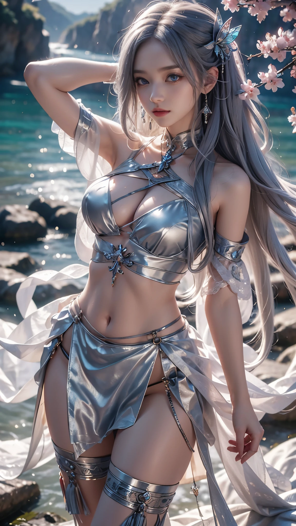 8K, ultra hd, masterpiece, hd colors, 1 girl, perfect face, very long curly hair, detailed eyes, simple clothing, ((silver clothing)), stocking, ((criss-cross lace)), sardine, straps, net clothing, ((long loops)), jwellery, waterside, Realistic scenery, epic scenery, sun rising, evening, clouds, Butterfly, cherry blossom, blowing wind, perfect pose,