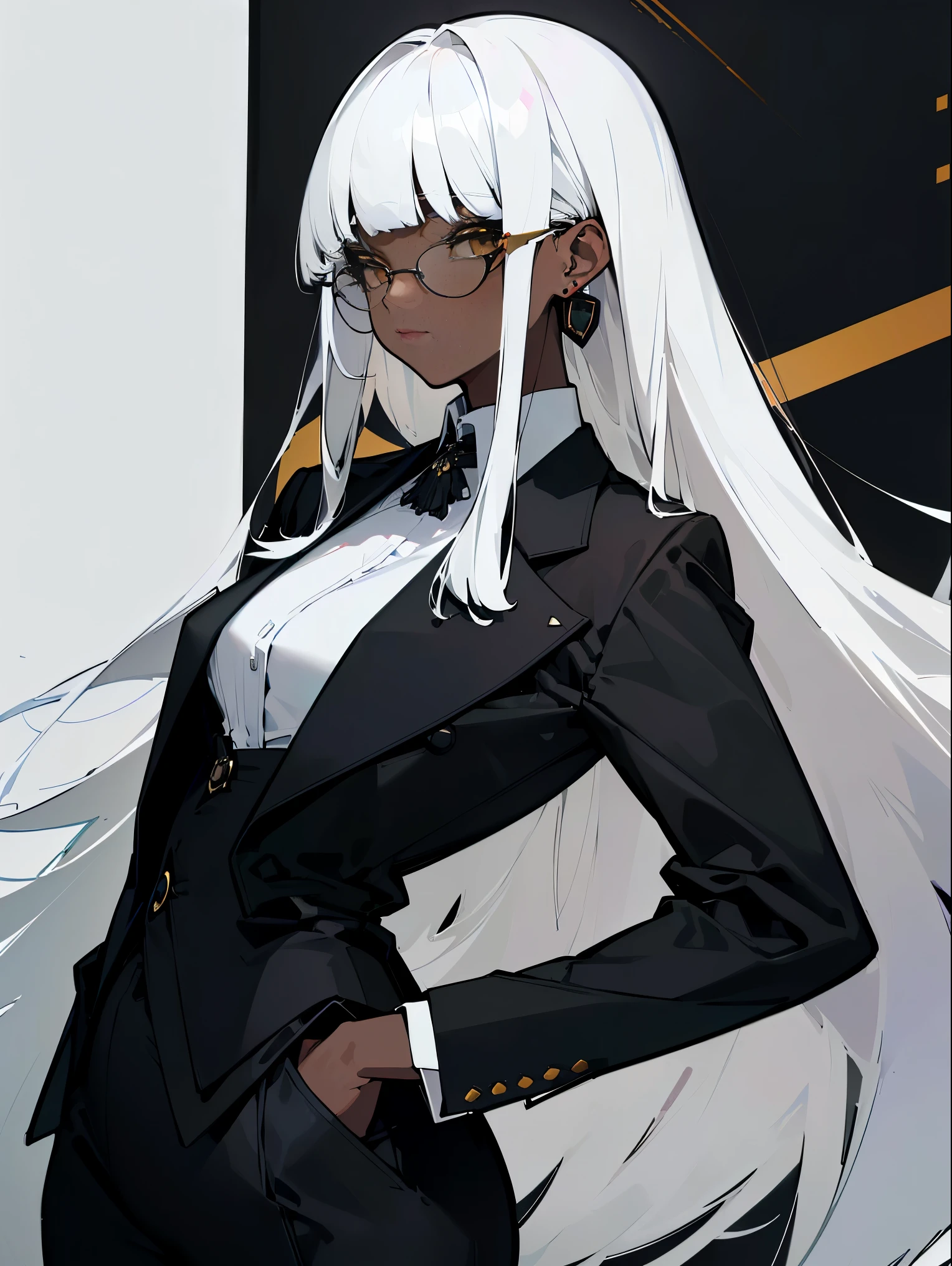 (top-quality、​masterpiece:1.2) 1woman、Adult、((dark skinned female、long straight white hair, Blunt bangs, Hair hanging over the ears)) golden eyes、eye glasses、((Black Business Suit、Black tailored jacket、white shirt、Black pantsuit)) (office backdrop) (Serious look)
