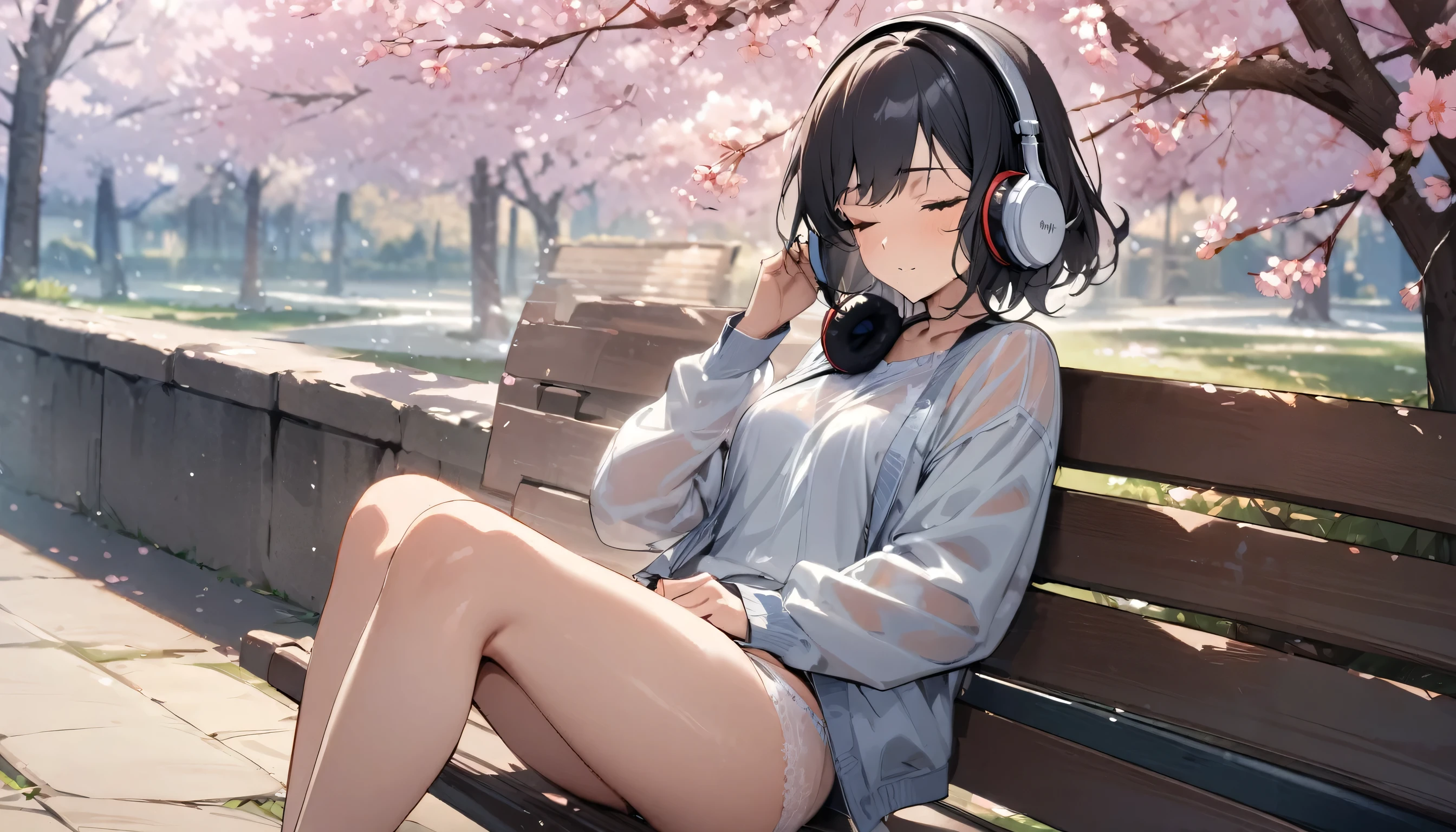 ((best quality)), ((masterpiece)), (detailed), perfect face, sitting under the cherry blossom tree, listening to music, One woman, wearing headphones, eyes closed, wearing underwear, underwear is transparent, sitting on a bench