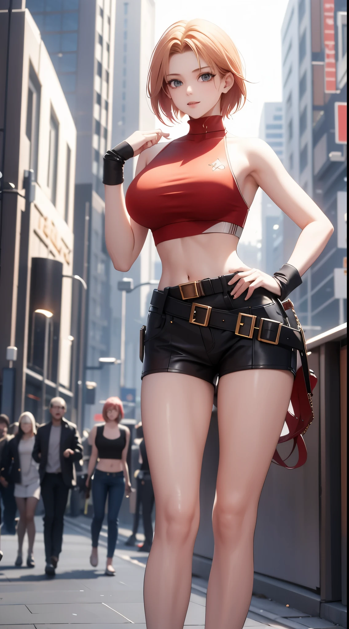 tmasterpiece,, Best quality at best, A high resolution, 1girll， with short golden hair，Red clotheary，hason, Crop top, (Large breasts 1.4), nabel，Fighting posture，cyber punk perssonage，City streets