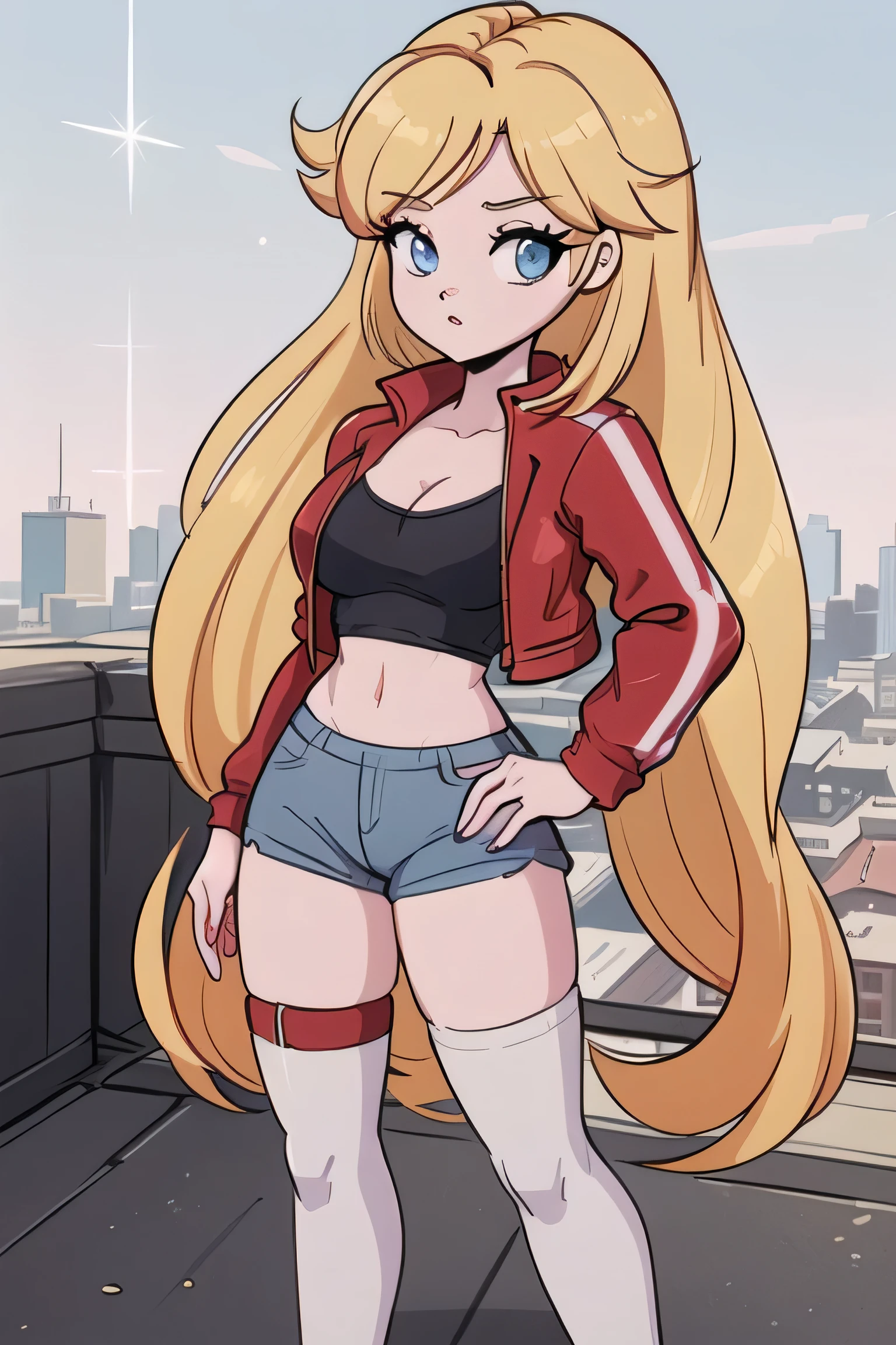 Beautiful 1girl, full body, teenager, solo, (very long waist length blonde hair, straight blonde hair: 1.28), ((light blue eyes)), clear skin, pale skin, large breasts, cleavage, (thin hips, thin waist , athletic body: 1.25), background, looking away, (fitted open cropped leather red jacket, short shorts, thigh high stockings, plaid b&w sneakers: 1.11), (standing on a rooftop, overlooking city: 1.15), 4k textures, soft light, elegant, highly detailed, sharp focus, soothing tones,