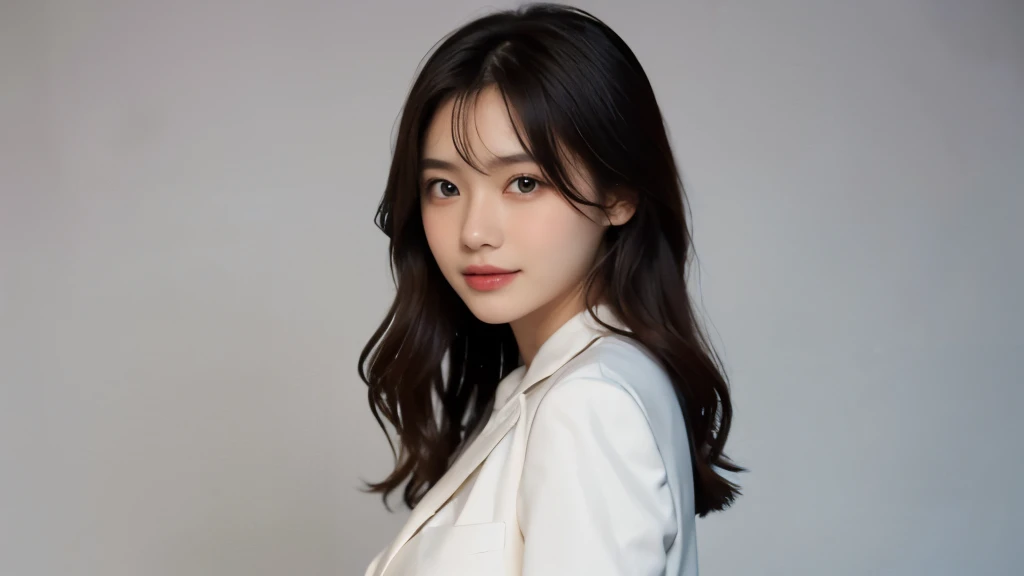 (masterpiece:1.2,highest quality),((White background)),((Photographed with an ultra-wide-angle single focus lens)),depict the upper body,1 young woman,((suit)),(Big Breasts),((Look to the side)),Black wavy hair,((Fine and beautiful eyes)),blushed,Healthy Skin,(smile),8k resolution