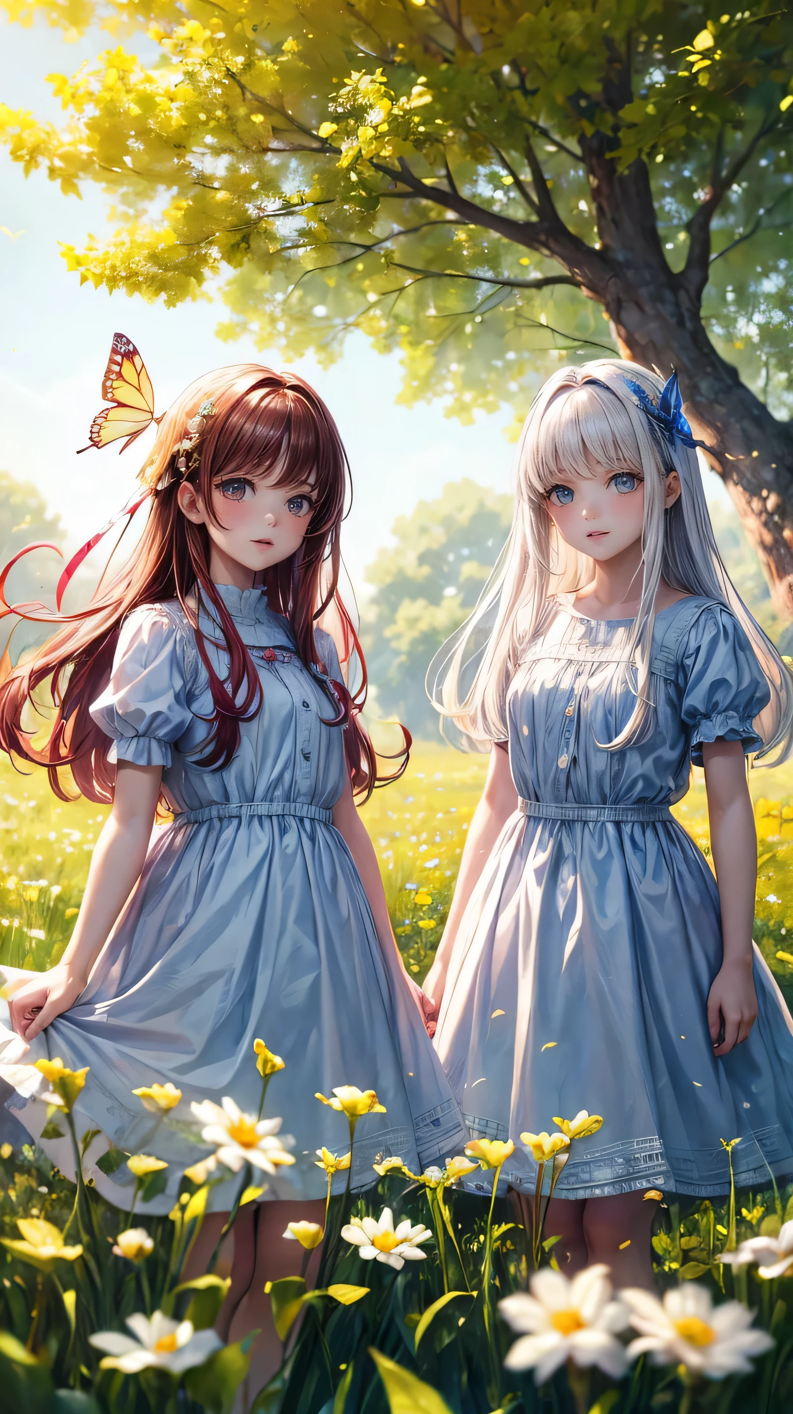 Two pure and innocent girls,、2 people(Hair color: AUTO)、Cute face、Beautiful Eyes、White skin、Natural Beauty、Warm sunshine、Wildflowers swaying in the wind々Surrounded by、Enjoying time in the fields。Butterflies and birds fly around her、Creates a playful atmosphere。