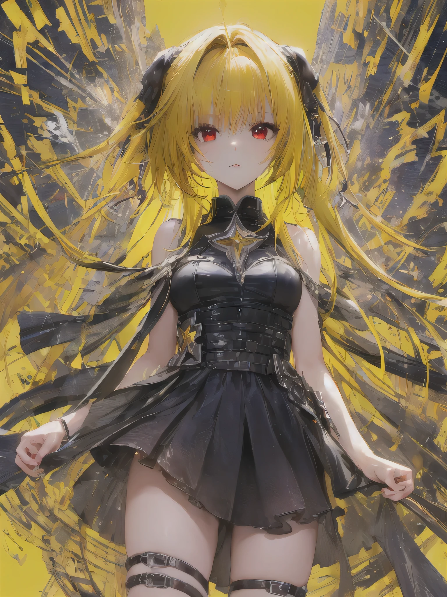toloverumy, my, (Yellow Hair:1.5), Long Hair, (Red eyes:1.5), hair ornaments, (Small box:1.2), break sleeveless, Removable sleeves, dress, black dress, Black Skirt, Clothing cutouts, Cleavage cutout, break outdoors, city, break looking at viewer, (Cowboy Shot:1.5), break (masterpiece:1.2), highest quality, High resolution, unity 8k wallpaper, (figure:0.8), (Beautiful fine details:1.6), Highly detailed face, Perfect lighting, Highly detailed CG, (Perfect hands, Perfect Anatomy),(From below:1.4),(((Yellow background:1.5)))、Place your arms behind your back、ＥＭPoses for different bust sizes、(A gust of wind blowing from beneath your feet:1.2)、((Make sure nothing is visible except the person))