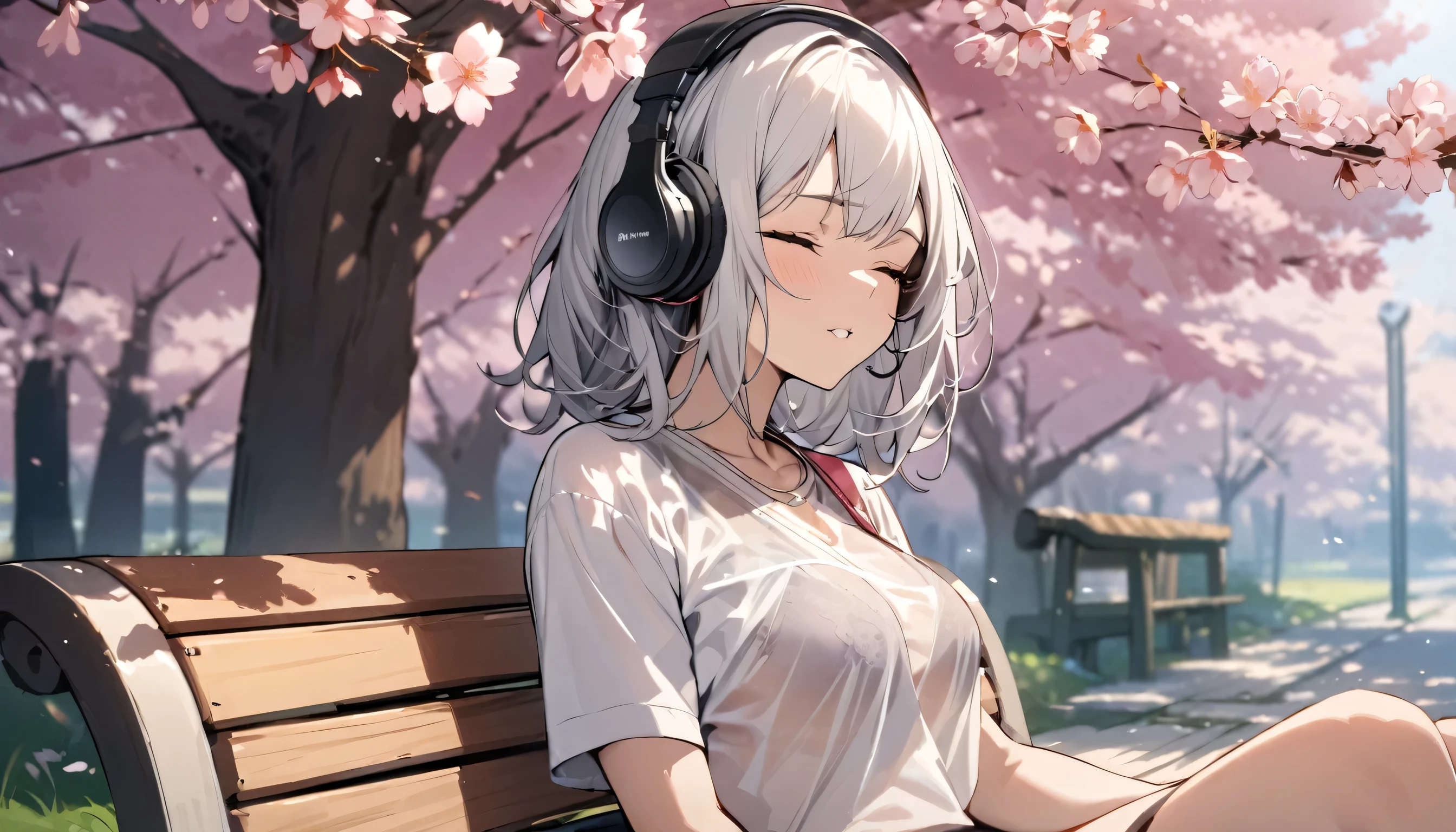 ((best quality)), ((masterpiece)), (detailed), perfect face, sitting under the cherry blossom tree, listening to music, One woman, wearing headphones, eyes closed, wearing underwear, underwear is transparent, sitting on a bench