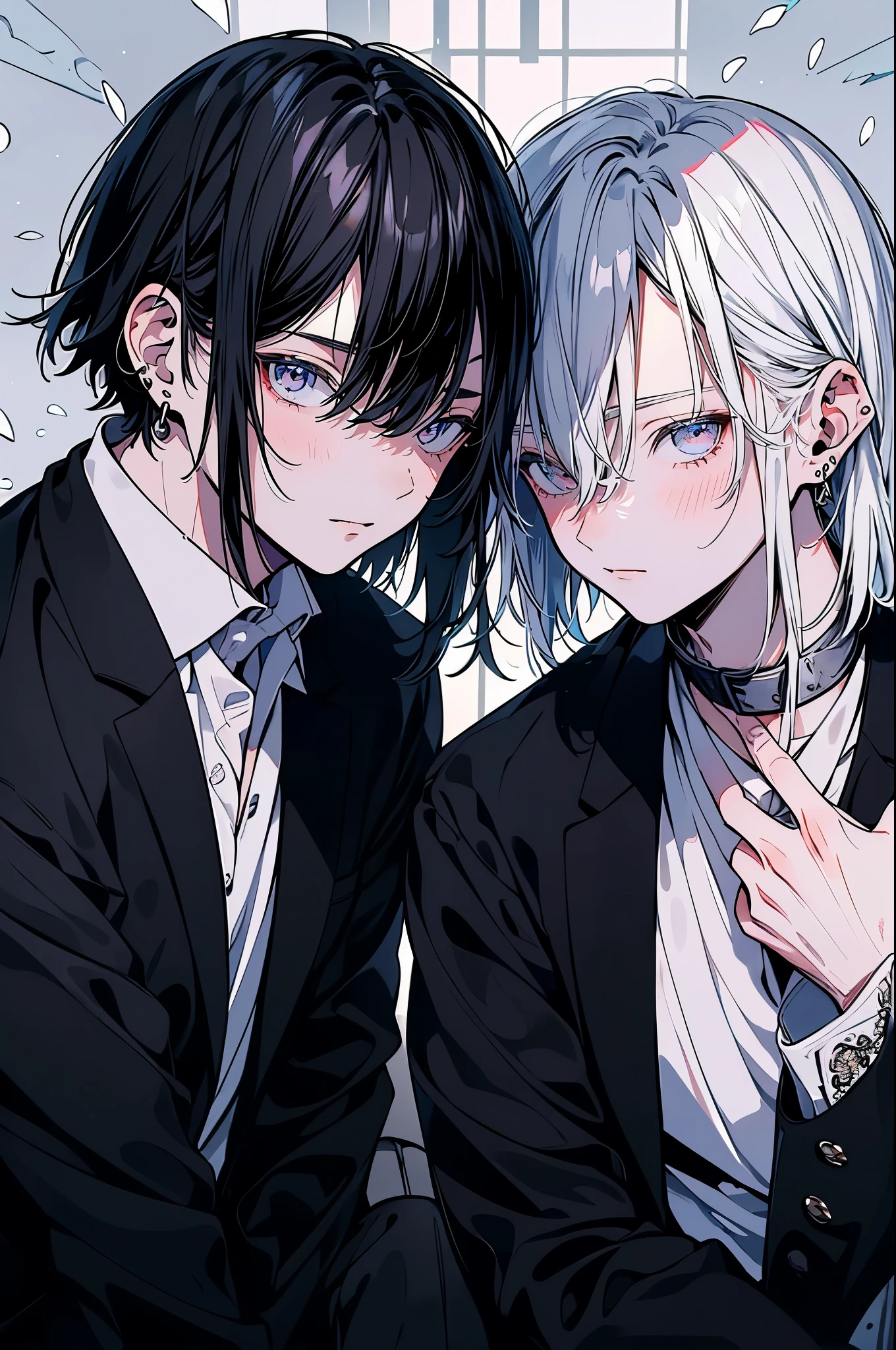 (Mastepiece), (Best Quality), Very detailed, ((Two friendly men)), Perfect Face, Beautiful Face, Very detailed顔,(Black Haired Man:1.3),(Man with white hair:1.3),suit,shirt