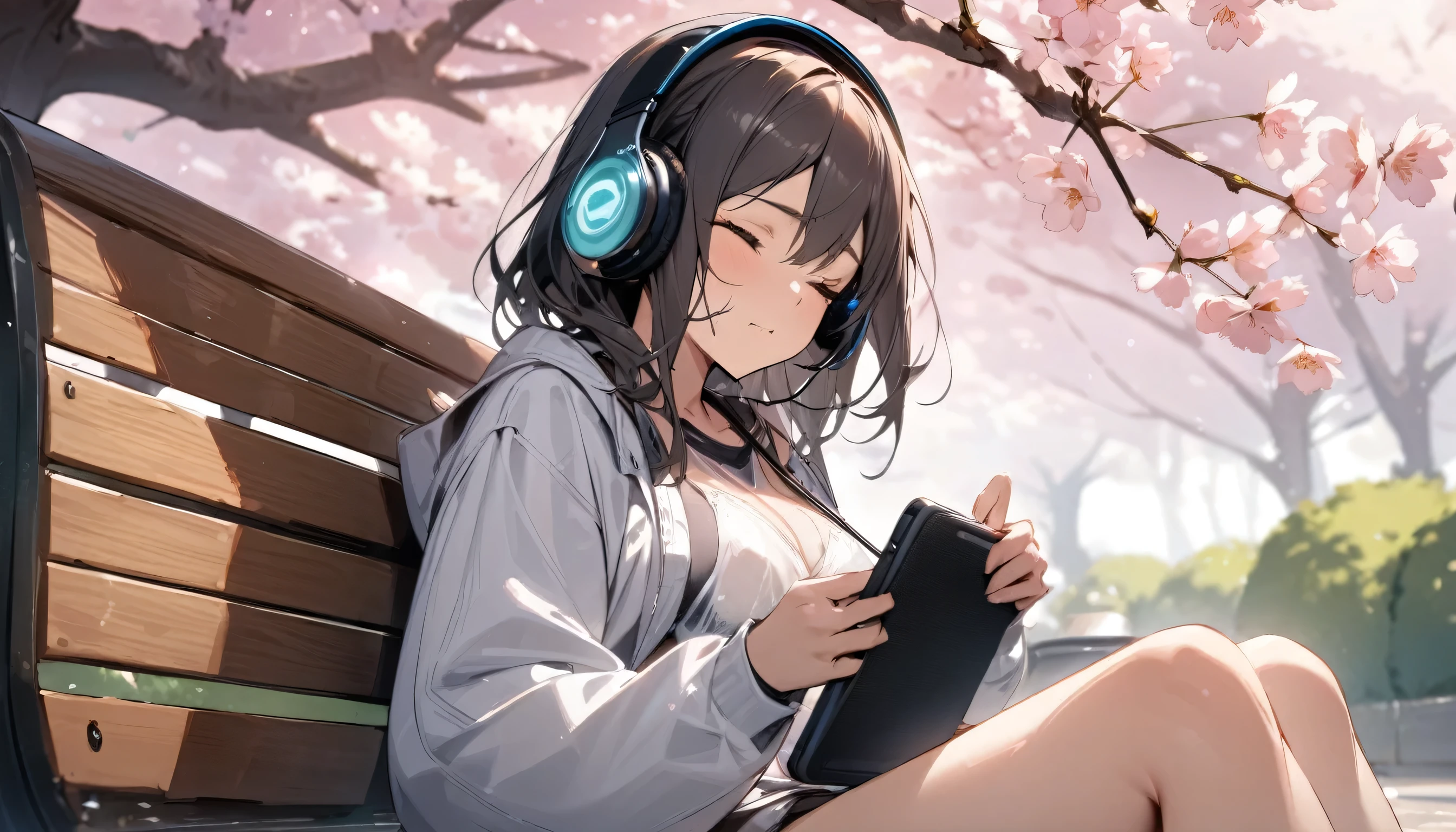 ((best quality)), ((masterpiece)), (detailed), perfect face, sitting under the cherry blossom tree, listening to music, One woman, wearing headphones, eyes closed, wearing underwear, underwear is transparent, sitting on a bench