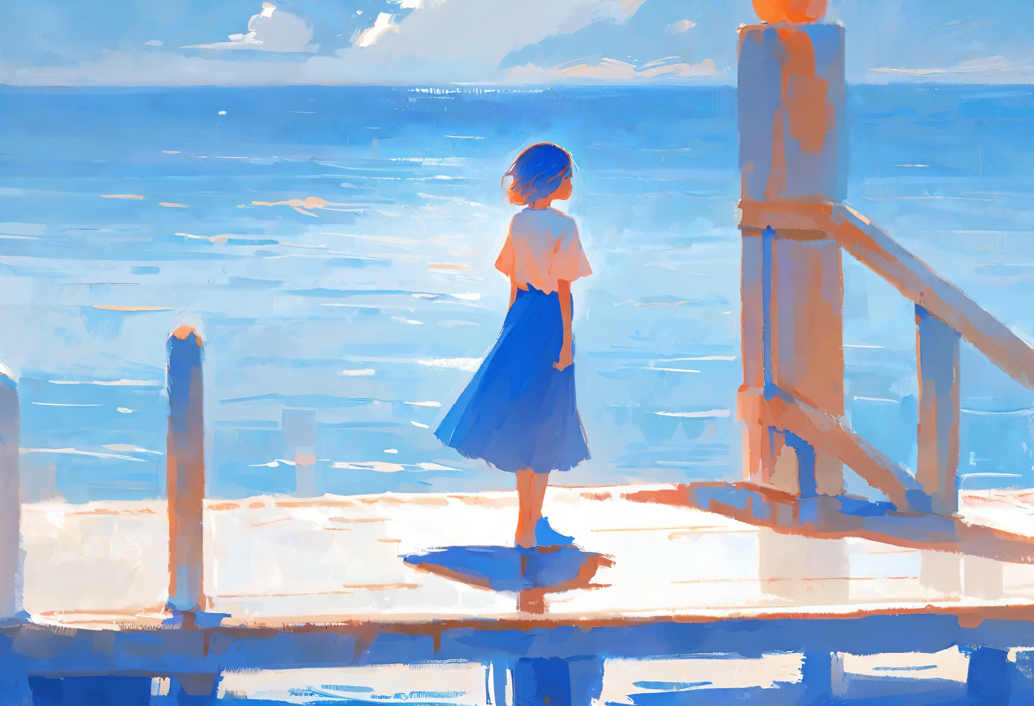 The image showcases a serene coastal setting with a solitary figure standing on a pier. The person is wearing a white shirt and a blue skirt,and their short hair is bobbed. They are facing away from the viewer,looking out over the vast blue ocean. The sky is partly cloudy,and the overall color palette is dominated by blues,whites,and soft oranges. The sun casts a gentle glow,highlighting the water's reflections and the pier's details..,masterpiece, best quality,