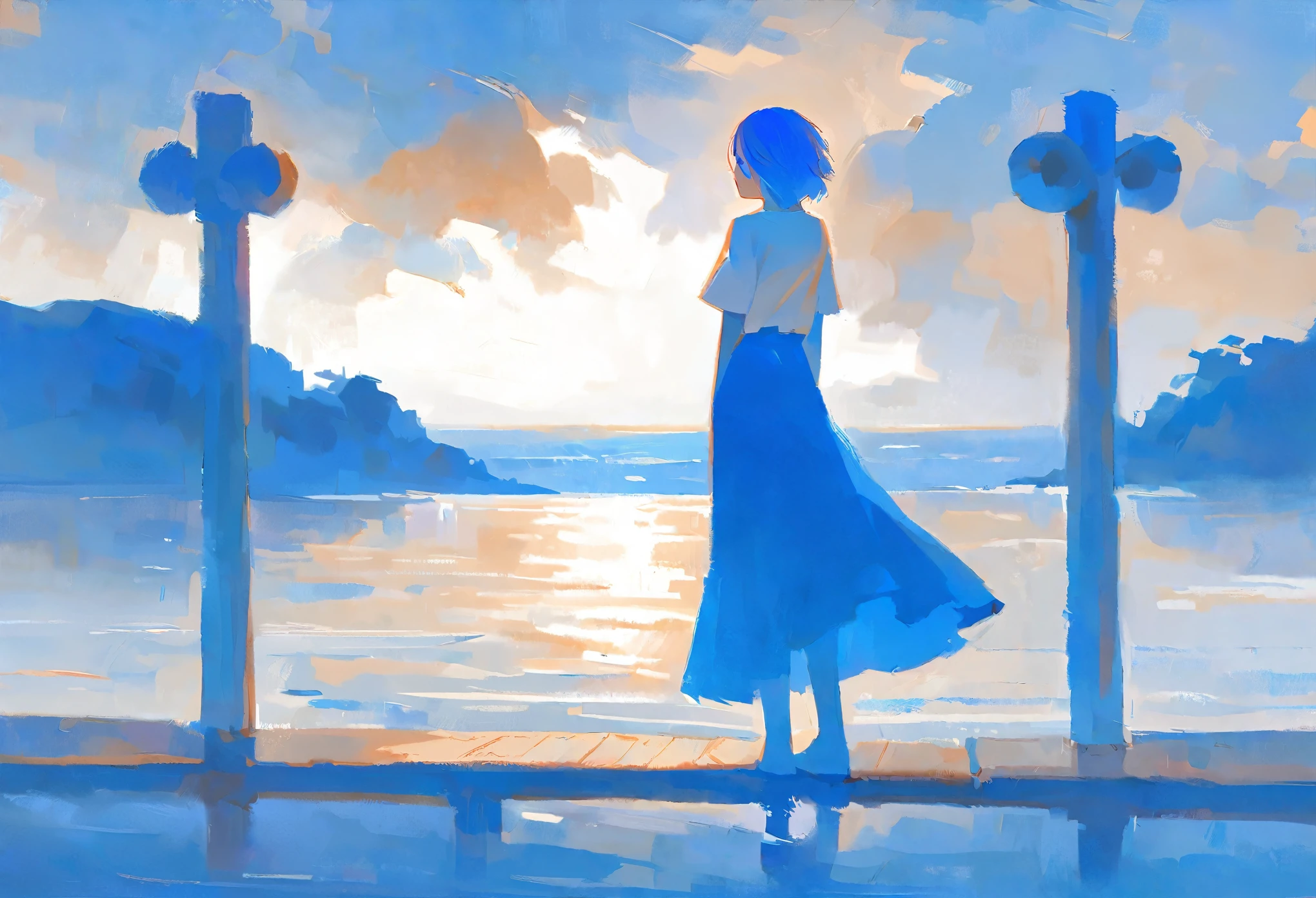 The image showcases a serene coastal setting with a solitary figure standing on a pier. The person is wearing a white shirt and a blue skirt,and their short hair is bobbed. They are facing away from the viewer,looking out over the vast blue ocean. The sky is partly cloudy,and the overall color palette is dominated by blues,whites,and soft oranges. The sun casts a gentle glow,highlighting the water's reflections and the pier's details..,masterpiece, best quality,