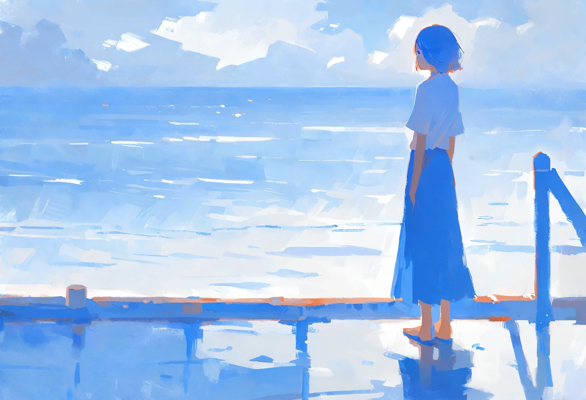 The image showcases a serene coastal setting with a solitary figure standing on a pier. The person is wearing a white shirt and a blue skirt,and their short hair is bobbed. They are facing away from the viewer,looking out over the vast blue ocean. The sky is partly cloudy,and the overall color palette is dominated by blues,whites,and soft oranges. The sun casts a gentle glow,highlighting the water's reflections and the pier's details..,masterpiece, best quality,