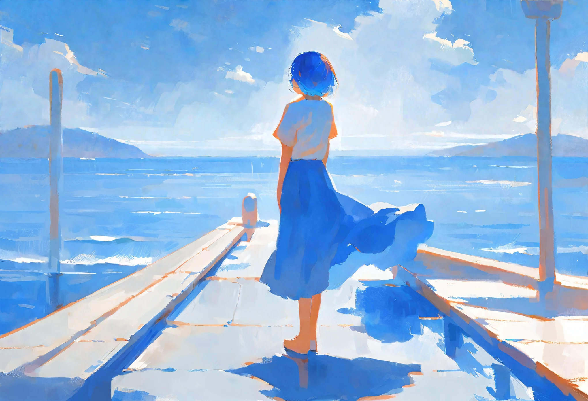 The image showcases a serene coastal setting with a solitary figure standing on a pier. The person is wearing a white shirt and a blue skirt,and their short hair is bobbed. They are facing away from the viewer,looking out over the vast blue ocean. The sky is partly cloudy,and the overall color palette is dominated by blues,whites,and soft oranges. The sun casts a gentle glow,highlighting the water's reflections and the pier's details..,masterpiece, best quality,