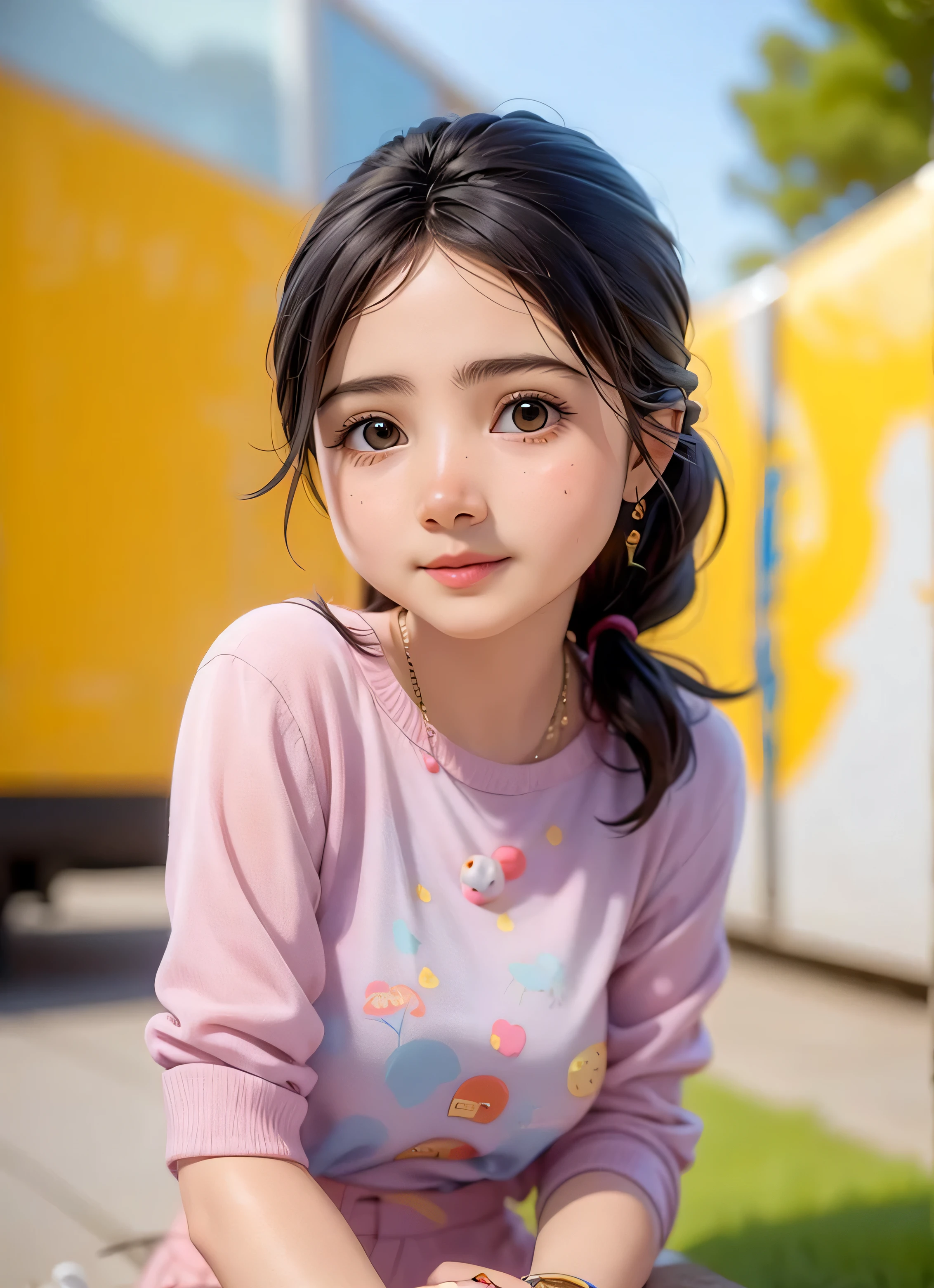 super cute girl IP by popmart,natural light,Adorable,Youthful,Animated, pixar style,Medium length hair