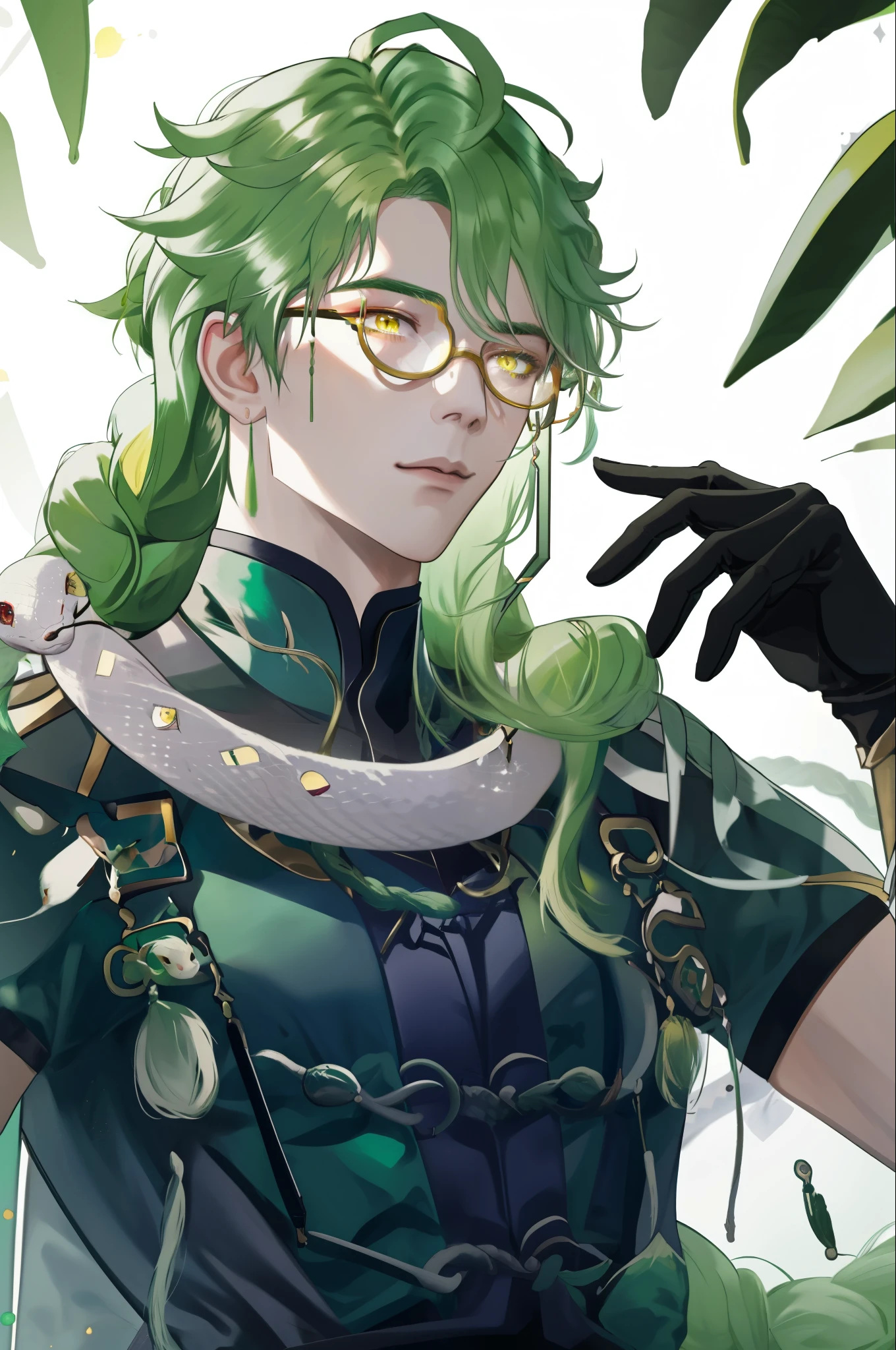 1 adult male man solo, green hair long braid, white snake on his shoulders, yellow eyes, blue shirt, black gloves, portrait, (((wearing glasses)))