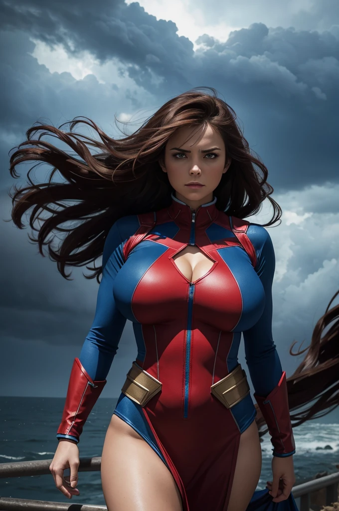 Realistic Super Hero Flying Woman, Masterpiece, Best Quality, High Contrast, (Photorealistic:1.4), 8k High Definition Detailed Realistic, (Best Quality, Masterpiece:1.2), Physically-Based Rendering, Best Quality, Highly Detailed, 1 Woman, Caped, Flying, ((Upper Body in Motion, Muscular Frame)), ((Colorful Costume, Bright and Vibrant)), legacy effects, Cinematic Lighting, ((Dynamic Poses, Flying Postures)), (Beautiful Face, Strong Jawline, Defined Cheekbones), ((Long, Wavy Hair, Hair Trails behind)), (((