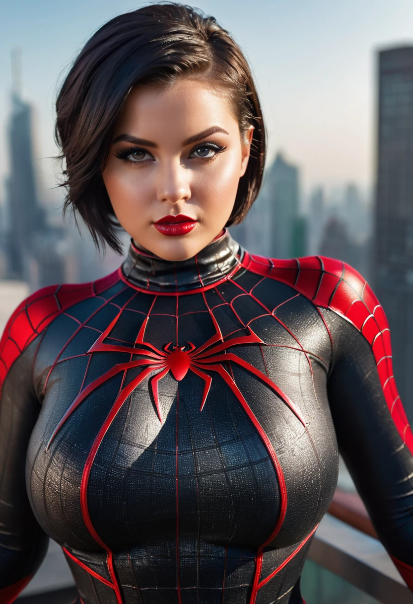(1girl:1.3), solo, (((accentuated curvy woman:1.5))), Gorgeous Keisha Grey, (((huge breasts))), (((huge ass))), ((((black hair:1.3))), ((very short hair slicked back:1.4)), (((extremely detailed face))),(((extremely detailed eyes and face))), (((oiled viscous skin:1.4))), ((eyeshadow, eyeliners)), beautiful detailed eyes,body-parts, official art, unified 8k wallpaper, super detailed, beautiful and aesthetic, beautiful, masterpiece, best quality, raw, masterpiece, super fine photo, best quality, super high resolution, photorealistic realism, sunlight, ((full body portrait)), amazing beauty, dynamic superhero pose, naughty face, (((accentuated oral invitation))), vibrant eyes, (from the front), she is wearing a flashy Spider-man suit, red and black color scheme, spider, very detailed roof top background, standing on the edge of the roof, Detailed face, detailed complex busy background, messy, gorgeous, highly detailed skin, realistic skin details, visible pores, sharp focus, volumetric fog, 8k uhd, DSLR, high quality, film grain, fair skin, photo realism, lomography, huge metropolis in future dystopia, seen from below, translucent, cum covered face