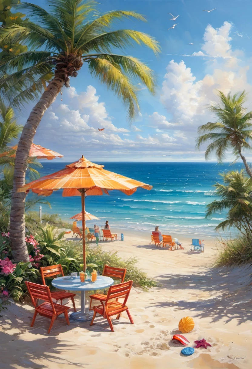Blue Coast, a beautiful coastline overlooking the deep blue ocean, sandy beaches and crashing waves, palm trees swaying in the gentle breeze, clear blue skies with fluffy white clouds, a lone sailboat in the distance, sparkling sunlight reflecting on the water, seashells scattered on the beach, children building sandcastles, seagulls soaring in the sky, a small beachside cafe serving refreshing drinks, vibrant and saturated colors, soft and warm sunlight, a peaceful and serene atmosphere, a sense of tranquility and relaxation (best quality,ultra-detailed,highres,professional:1.2),coastal landscape,photorealistic,exquisite brushwork,subtle textures and details,layers of vibrant colors,emphasizing the beauty of the ocean, capturing the essence of a summer beach day