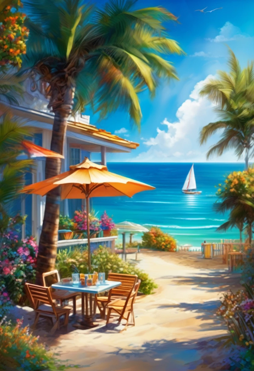 Blue Coast, a beautiful coastline overlooking the deep blue ocean, sandy beaches and crashing waves, palm trees swaying in the gentle breeze, clear blue skies with fluffy white clouds, a lone sailboat in the distance, sparkling sunlight reflecting on the water, seashells scattered on the beach, children building sandcastles, seagulls soaring in the sky, a small beachside cafe serving refreshing drinks, vibrant and saturated colors, soft and warm sunlight, a peaceful and serene atmosphere, a sense of tranquility and relaxation (best quality,ultra-detailed,highres,professional:1.2),coastal landscape,photorealistic,exquisite brushwork,subtle textures and details,layers of vibrant colors,emphasizing the beauty of the ocean, capturing the essence of a summer beach day