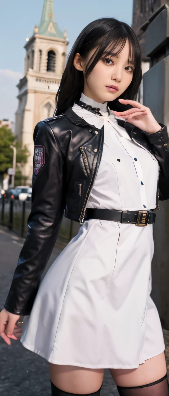 z23,, Textured Skin, 8K, Beautiful and delicate eyes, light, Beautiful and delicate face, Extremely detailed, world masterpiece theater, light,, 1 Girl, Solitary, Blonde Hair, Purple Eyes, Hairpin, White shirt, Berets, Bare shoulders, Gloves, Iron Cross, Cycling Shorts, :d, armband, white Gloves, Cowboy shooting,