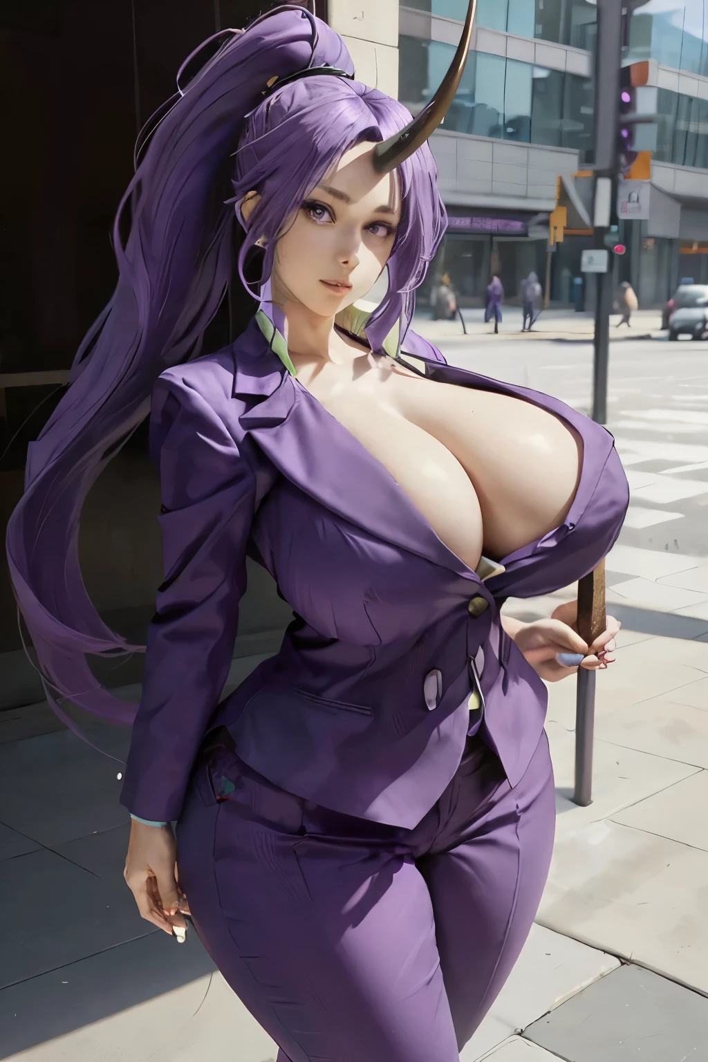 One-horned monster woman (one horn) with long purple ponytail hair with purple blazer and purple trousers, modern office lady style, standing outside, holding a very large sword, she has a slim stomach, giant and saggy breasts, thick body, voluminous beautiful woman, very curvaceous, wide hips, wide waist, hyperrealistic full figure, alluring plus size model, very detailed and realistic very prominent hips, big body, hyperrealistic full figure, fully wrapped, whole body visible, thick body.