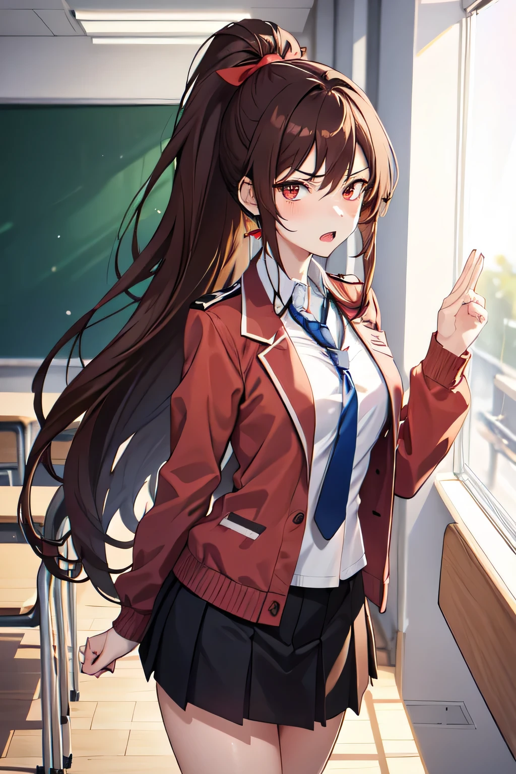 1girl,18y.o,light red eyes,brown hair,ponytail hair,long hair,school outfit,medium tits size,classroom background,an annoyed,blue ribbon tie