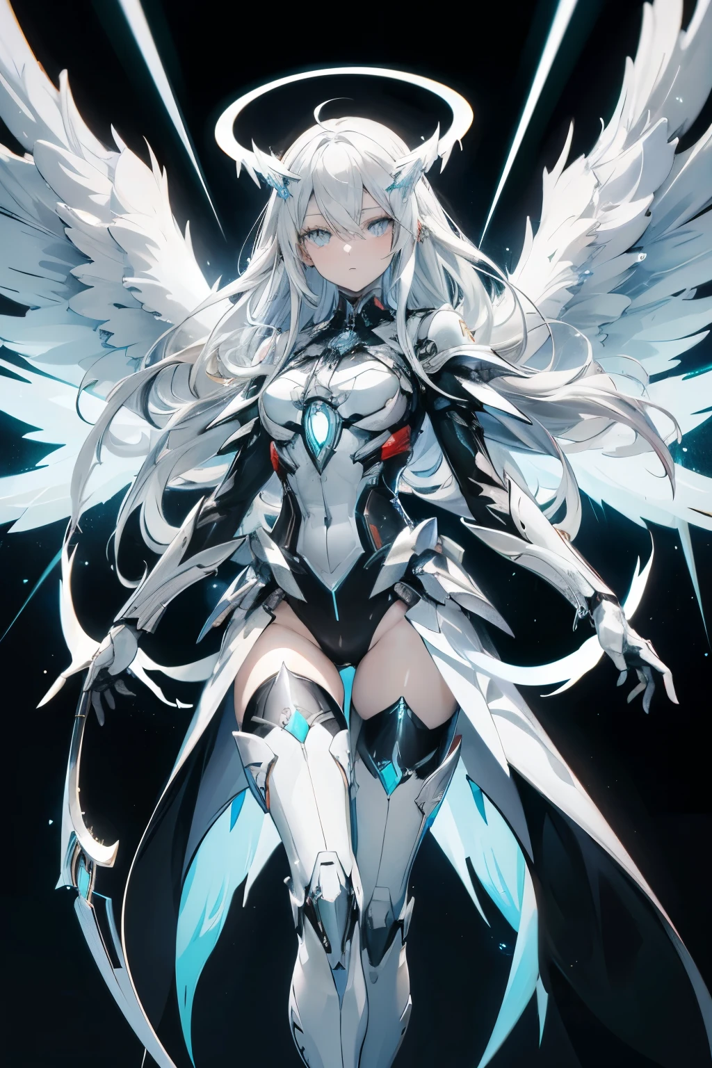 1girl, an anime girl with long white hair, anime art, an anime drawing, grey eyes, tall woman, high quality, thin body, multiple wings, angel, six wings, hands behind back, head wings, glowing eyes, halo, black thighhighs, bright pupils, black clothes, thunder, black gloves, cybernetic angel, possessing metallic wings and a sleek white and silver exoskeleton, bodysuit, normal ears.
