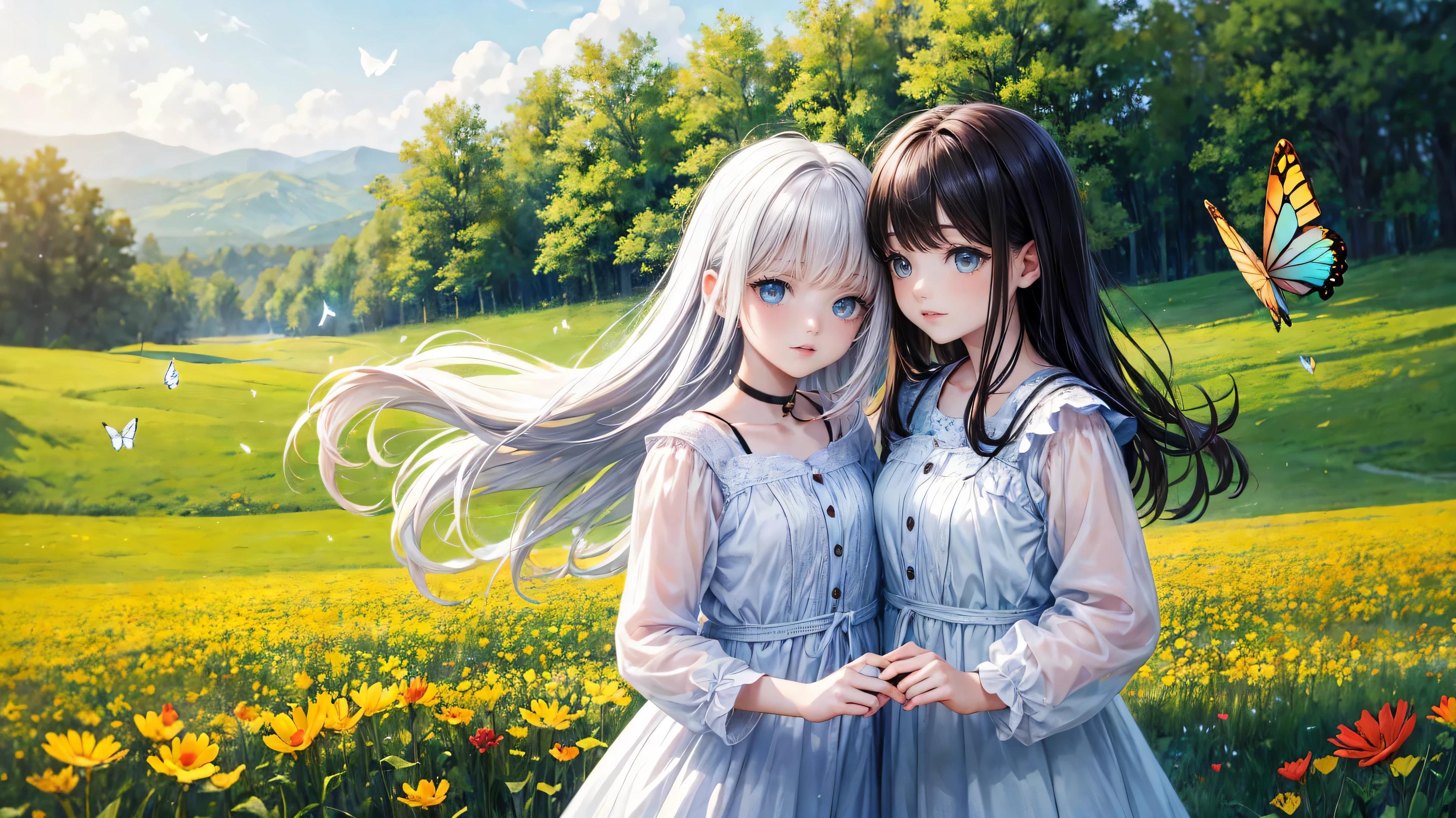 Two pure and innocent girls,、2 people(Hair color: AUTO)、Cute face、Beautiful Eyes、White skin、Natural Beauty、Warm sunshine、Wildflowers swaying in the wind々Surrounded by、Enjoying time in the fields。Butterflies and birds fly around her、Creates a playful atmosphere。