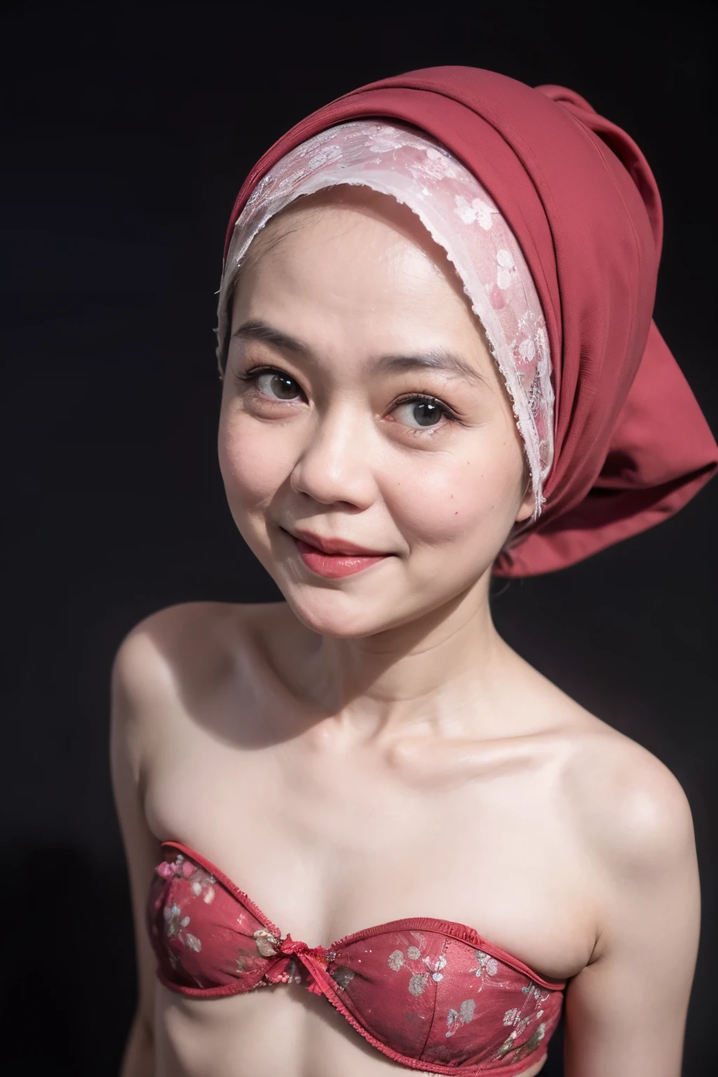 ((Old lady:1.5)), ((FLAT CHEST:1.6)), (Happy smile), (((HIJAB MALAY GIRL))), masutepiece, High quality, UHD 32K, Realistic face, Realistic skin feeling , A Japanese Lady, 58 years old matured lady, , Very cute and baby-like face, (((FLAT CHEST))), (Night time at forest), ((look In front  at the camera and SADNESS)), (((CUTE GIRL))), ((RED FLUORESCENT LIPS)), ((Floral Pattern)) little ((wearing strapless bra)), strapless colorful bra, dark night background , black forest night, horror scary place, (from behind up) seductive pose