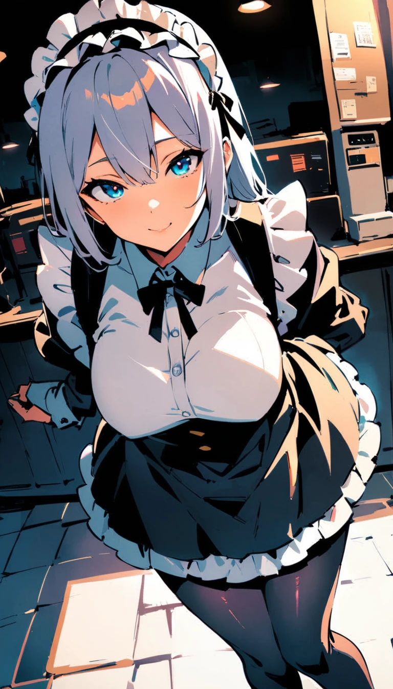 (high quality, 8k, 4K, High Contrast, masterpiece:1.2, 最high quality, Best aesthetics), , Maid, Very detailed, Seductive and erotic girl with lace headdress, smile, (Normal milk, Silver fur), Focus on the face, Focus on the face, Complex eyes, tights, laced tights, coffee shop, Ground angle shot, Viewers looking up, feet in tights, Open-chested clothing