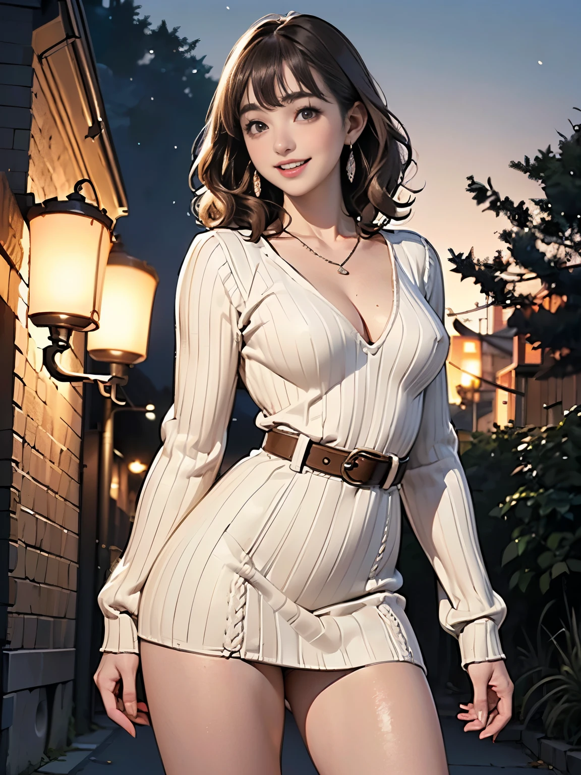 ((((highest quality))))、(((Ultra-precision CG16K wallpaper)))、(((masterpiece)))、(((Super detailed)))、(((Extreme detail)))、(((1Mature 32 year old woman:1.8)))、((Very beautiful Japanese faces))、((Shiraishi Mai:1.5))、((Soft Wave Medium Hair、blunt bangs:1.5))、(Shiny brown hair)、Beautiful delicate eyes、eyeliner、eye shadow、Brown eyes、High nose、Small nostrils、Small Mouth、Seductive lips、Beautiful breasts、((C cup size breasts))、Cleavage、Voluptuous body、eight-headed body、Perfect proportions、Perfect Anatomy、Perfect composition、Beautiful detailed shading、Beautiful, natural lighting、Beautiful detail glow、Depth of written boundary、(((High chroma)))、(((Real:1.9)))、((vivid:1.5))、((Beautiful Skin))、((Skin Texture))、((Realな皮膚感))、(((thigh-high cowboy shot:1.6)))、((Front view、Front low angle:1.6))、((Shy laugh:1.5))、(The woman is facing this way:1.5)、Bright daylight、Natural light、(((Night Road、Street lamp:1.6)))、(Standing pose:1.5)、(((Ivory cream color V-neck long sleeve ribbed knit mini dress:1.6)))、((Leather Belt、Earrings、Wearing a necklace:1.3))、