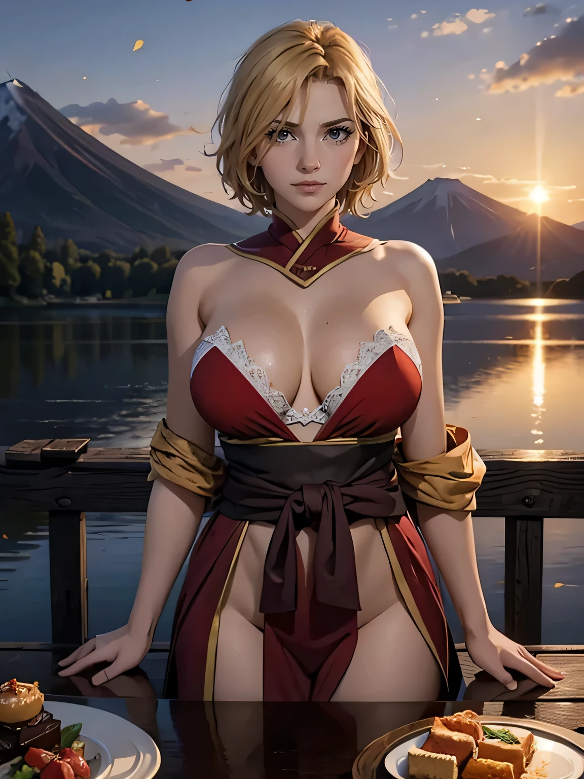 Best quality, masterpiece, extremely detailed, detailed background, detailed eyes,realism, 1 girl, beautiful eyes, young girl,beautiful graceful fingers, girl with short hair,expressive face, kimono, big breasts , Landscape of Mount Fuji, on open air, sunset, beautiful sky, picnic on the lake, landscape, landscape, horizon, The mountain is next to the mountain, Wind, flower petal, Vesna, looking, Atmospheric lighting, reflection, naturalistic, detail, realism. relaxation, Beauty, Just focus, Close-up, outside, depth of field, hips