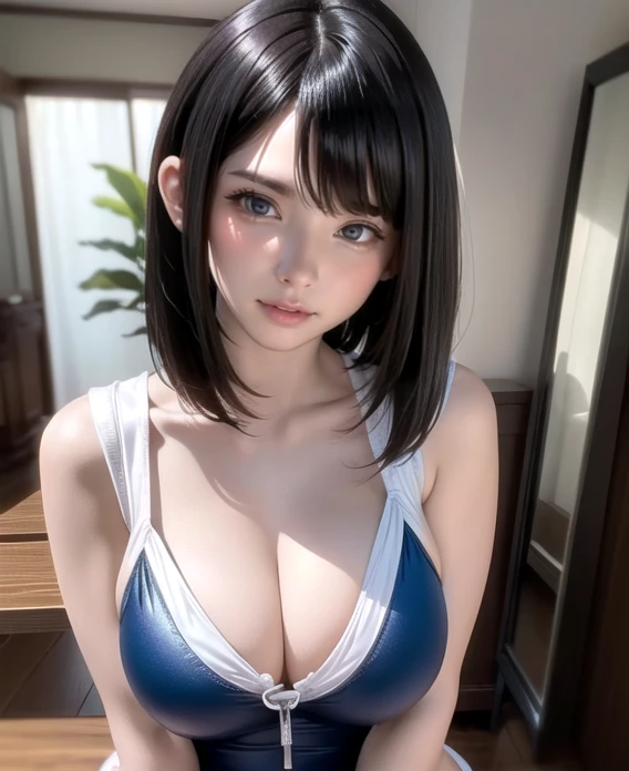 Extreme Close-up,One Girl,(Highly detailed skin),curve,,Beautiful breasts,(Large Breasts),Pale skin,Pointed Chest,Erect nipples,(Fantasy art,Best image quality,Hyperrealist portrait,(8k),Ultra-realistic,最high quality, high quality, High resolution, high quality texture,Attention to detail,Beautiful details,Fine details,Highly detailed CG,Detailed Texture,Realistic facial expressions,Tabletop,before,dynamic,bold),Very short black bob hair,(Very thin hair),(Super soft hair),(Super Straight Hair:1.5),A rounded, very short bob hairstyle that follows the contours of the face、Long, slicked bangs,,Hair on one eye,Dressed,loose t-shirt,See-through sailor swimsuit