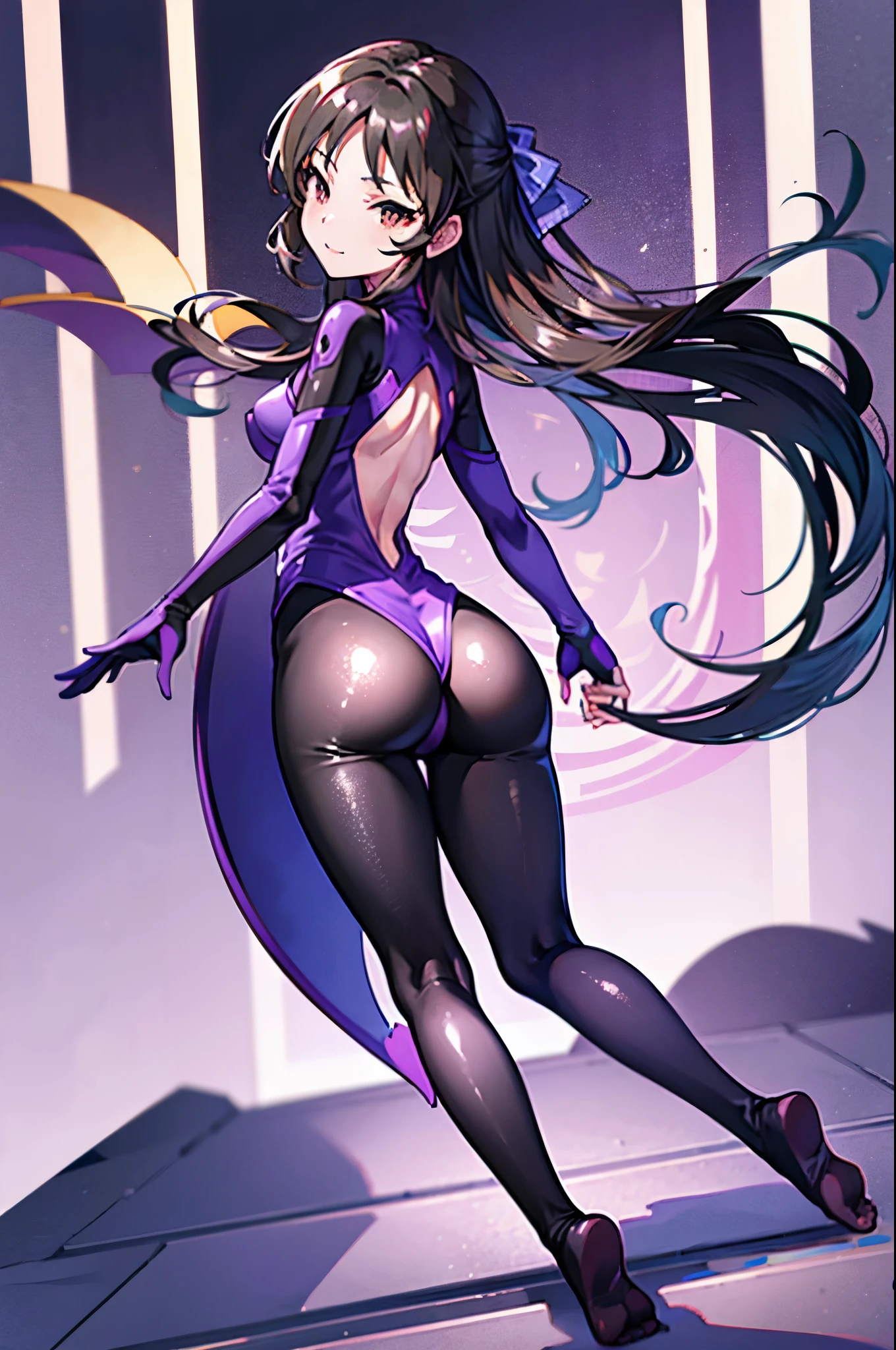 highest quality Highest quality draw the face carefully Anime style high quality face Super Glowing Skin Black full body suit Purple pantyhose barefoot Succubus lure smile Rear view Back view
