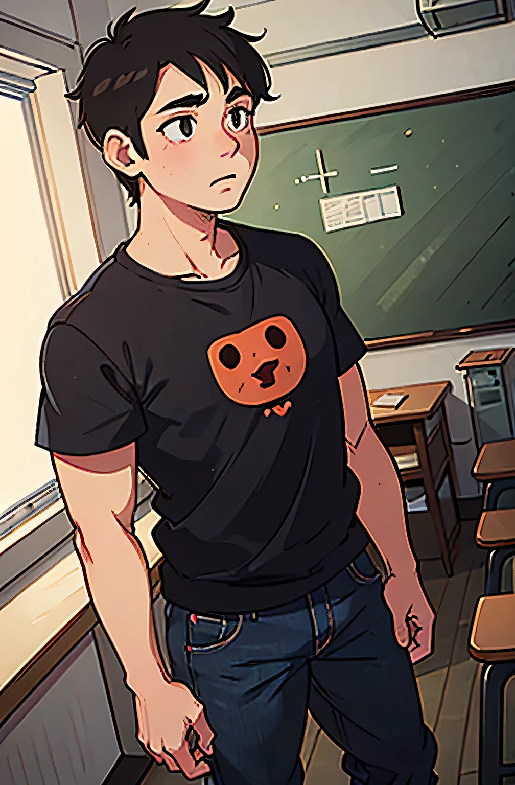 (best quality:0.8) 1 chubby boy, perfect anime illustration, a handsome, with short black hair, standing in the classroom, wearing a round necked red tshirt, fit jeans, HDR