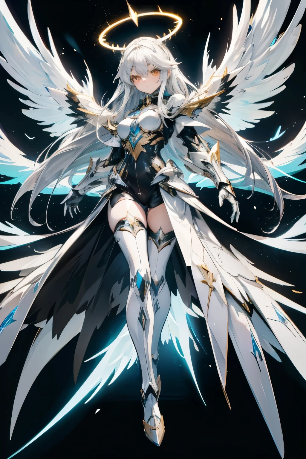 1girl, an anime girl with long white hair, anime art, an anime drawing, golden eyes, tall woman, high quality, thin body, multiple wings, angel, six wings, head wings, glowing eyes, halo, black thighhighs, bright pupils, black clothes, thunder, black gloves, cybernetic angel, possessing metallic wings and a sleek white and silver exoskeleton, bodysuit, normal ears