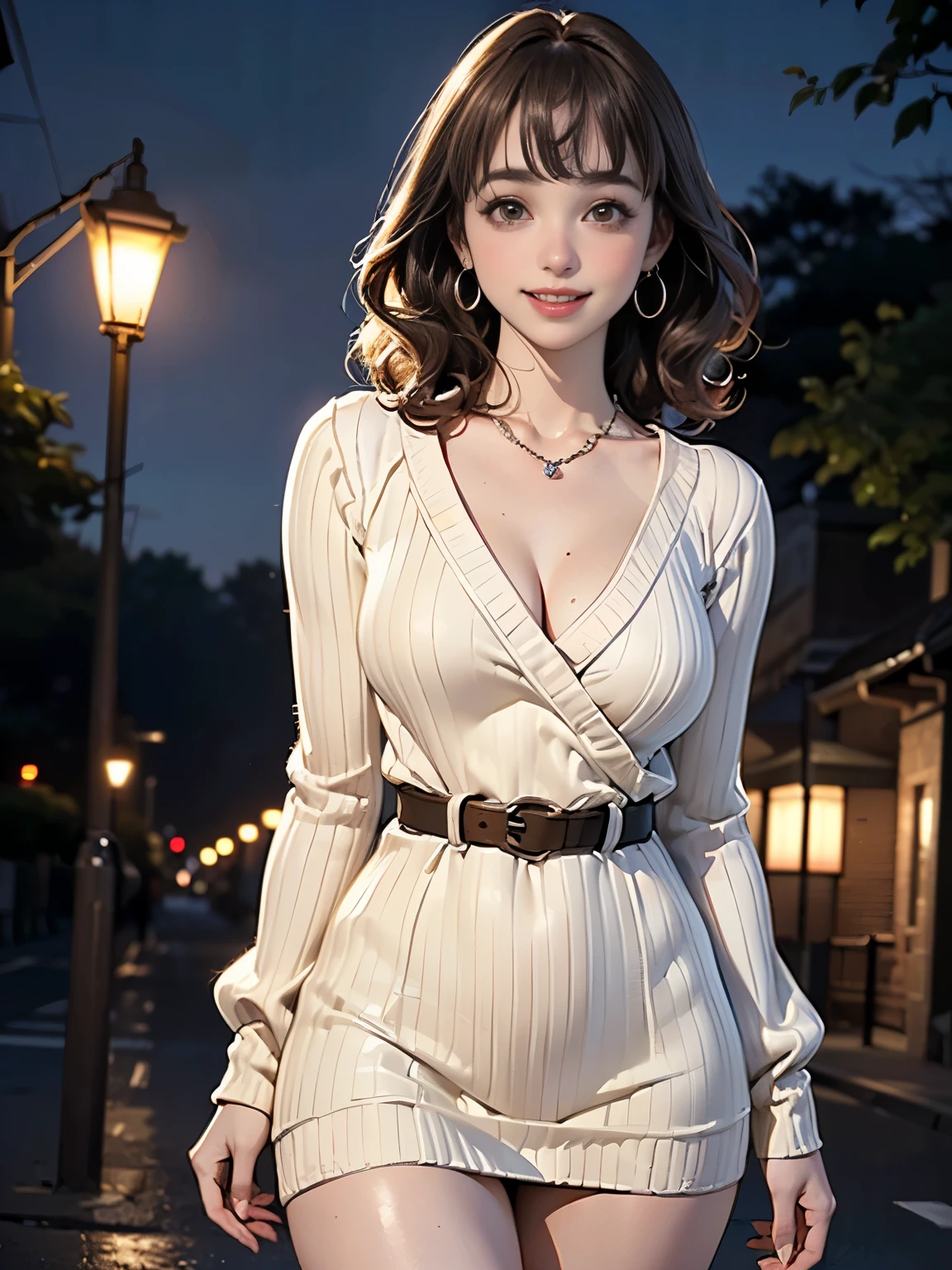 ((((highest quality))))、(((Ultra-precision CG16K wallpaper)))、(((masterpiece)))、(((Super detailed)))、(((Extreme detail)))、(((1Mature 32 year old woman:1.8)))、((Very beautiful Japanese faces))、((Shiraishi Mai:1.5))、((Soft Wave Medium Hair、blunt bangs:1.5))、(Shiny brown hair)、Beautiful delicate eyes、eyeliner、eye shadow、Brown eyes、High nose、Small nostrils、Small Mouth、Seductive lips、Beautiful breasts、((C cup size breasts))、Cleavage、Voluptuous body、eight-headed body、Perfect proportions、Perfect Anatomy、Perfect composition、Beautiful detailed shading、Beautiful, natural lighting、Beautiful detail glow、Depth of written boundary、(((High chroma)))、(((Real:1.9)))、((vivid:1.5))、((Beautiful Skin))、((Skin Texture))、((Realな皮膚感))、(((thigh-high cowboy shot:1.6)))、((Front view、Front low angle:1.6))、((Shy laugh:1.5))、(The woman is facing this way:1.5)、Bright daylight、Natural light、(((Night Road、Street lamp:1.6)))、(Standing pose:1.5)、(((Ivory cream color V-neck long sleeve ribbed knit mini dress:1.6)))、((Leather belt with accessories、Earrings、Wearing a necklace:1.3))、