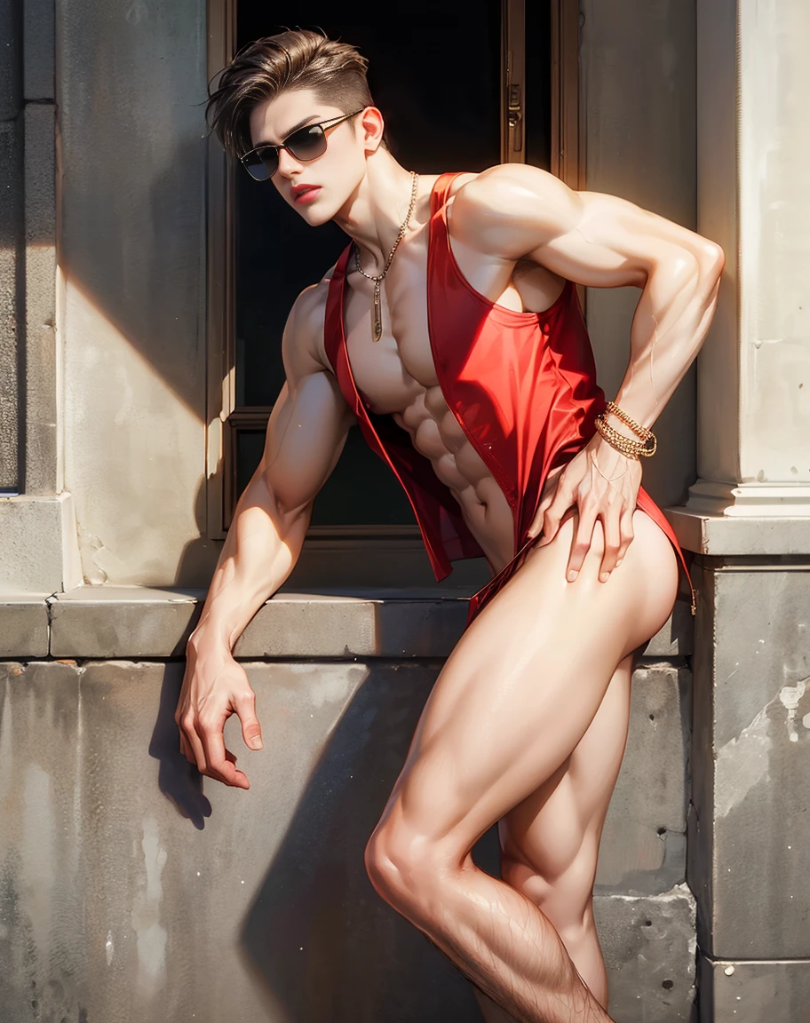 HD quality, high definition, male 18 years old handsome, muscular and slim, red lips, leaning against the wall in the street, wearing thong, , model with bracelets, earrings and Necklace, wearing open vest, with sunglasses, fully nude and naked body, eyebrowse angry, side view, wearing shoes, sexy and seductive, pleasure sex