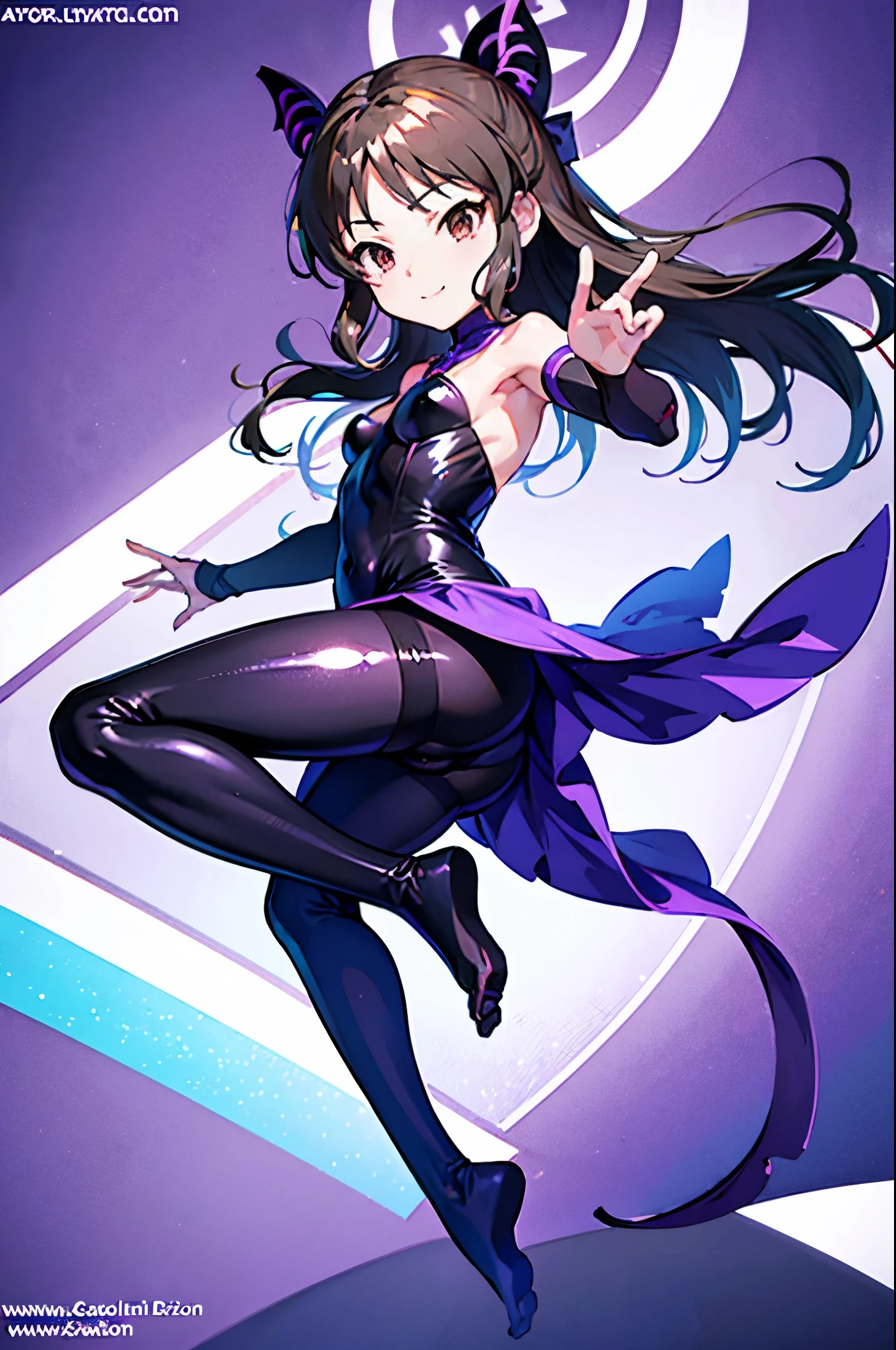 highest quality Highest quality draw the face carefully Anime style high quality face Super Glowing Skin Black full body suit Purple pantyhose barefoot Succubus lure smile Rear view Back view