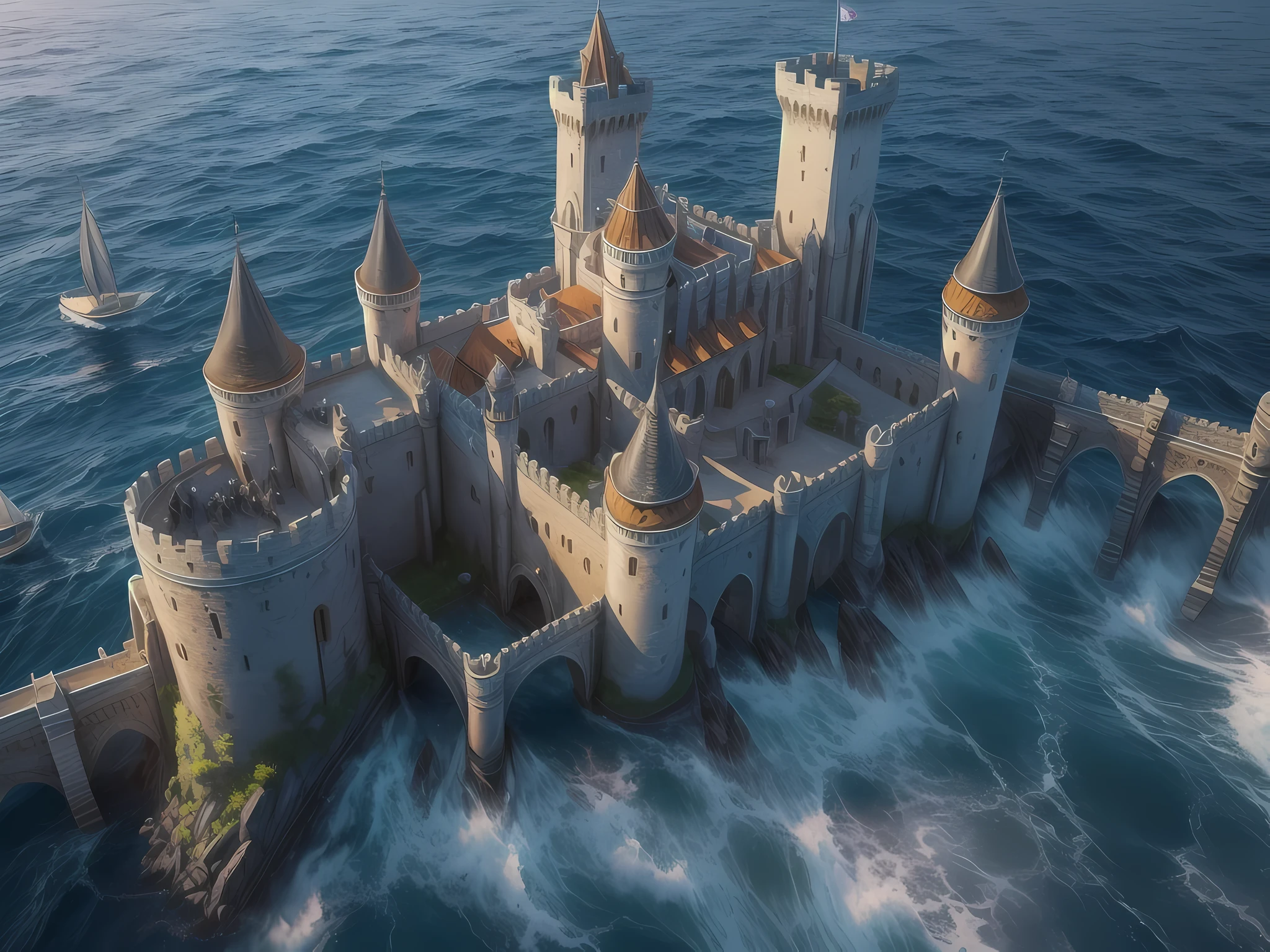 fantasy art, RPG art, photographic, National Geographic quality picture, award winning, (Best Detailed: 1.5), (best quality: 1.5) picture of an epic 1solocastle near the blue sea at dawn, it is a Middle ages castle it is master crat artistry, state of the art military architecture, perfect for defending its king, majestic castle,  there are (4 towers: 1.2), (massive walls: 1.2), (barbicans: 1.2), (flags: 1.2), ( a bridge: 1.2), (banners flying high: 1.3)the entire castle is being reflected in the sea in  a perfect image (Best details, Best quality: 1.5), the (blue: 1.3)  sea is calm and placid, its dawn, the sun is rising, there some light clouds in the sky, and sun rays, behind the castle the sea has many shades of blue,  best quality, (extremely detailed), ultra wide shot, photorealism, depth of field, hyper realistic, 2.5 rendering,