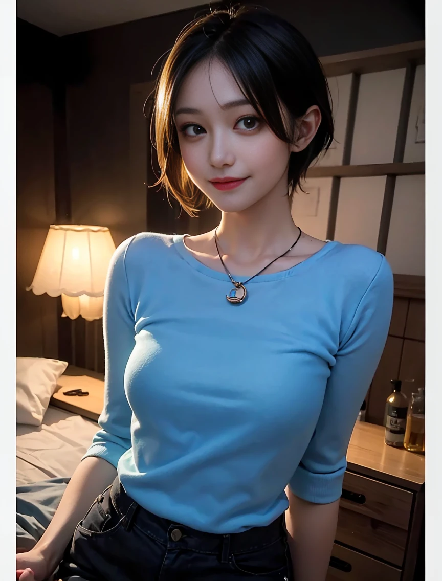 (masterpiece, highest quality, highest quality, Official Art, beautifully、beautiful:1.2), Cinema Lighting、(Key light at 45 degrees from the front,Orange Fill Light、Soft Blue Backlight、Strong Shadows、Blue and orange color palette), Accurate human body、knowledgeable person、Correct five-finger、4K - ultra-vivid、highest quality, masterpiece, Ultra-high resolution, Detailed Background、The perfect background、(Little devil smile、Megaki Smiles:1.5),
((Oily skin,Glowing Skin、Realistic skin texture、Beautiful skin in every detail、Shiny skin、Slimy skin、Glowing Skin、Shiny skin)), White skin, Real human skin, (familiar), Oval Face, pore, Ultra-high resolution, (8k, RAW Photos, Realistic: 1.4), One Girl, slim, (kind, Goddess-like eyes) happiness: 1.2), (Lip gloss, eyelash, Gloss Face, highest quality, Ultra-high resolution, Wide Lighting, Natural Shading)、(sexy), Absolute area、long beautiful thin legs、Short length、(恍惚のsexyな笑顔の表情:0.8,) (dark, dark部屋:1.5, night:1.8)、attractive、Provocative pose、Seductive pose