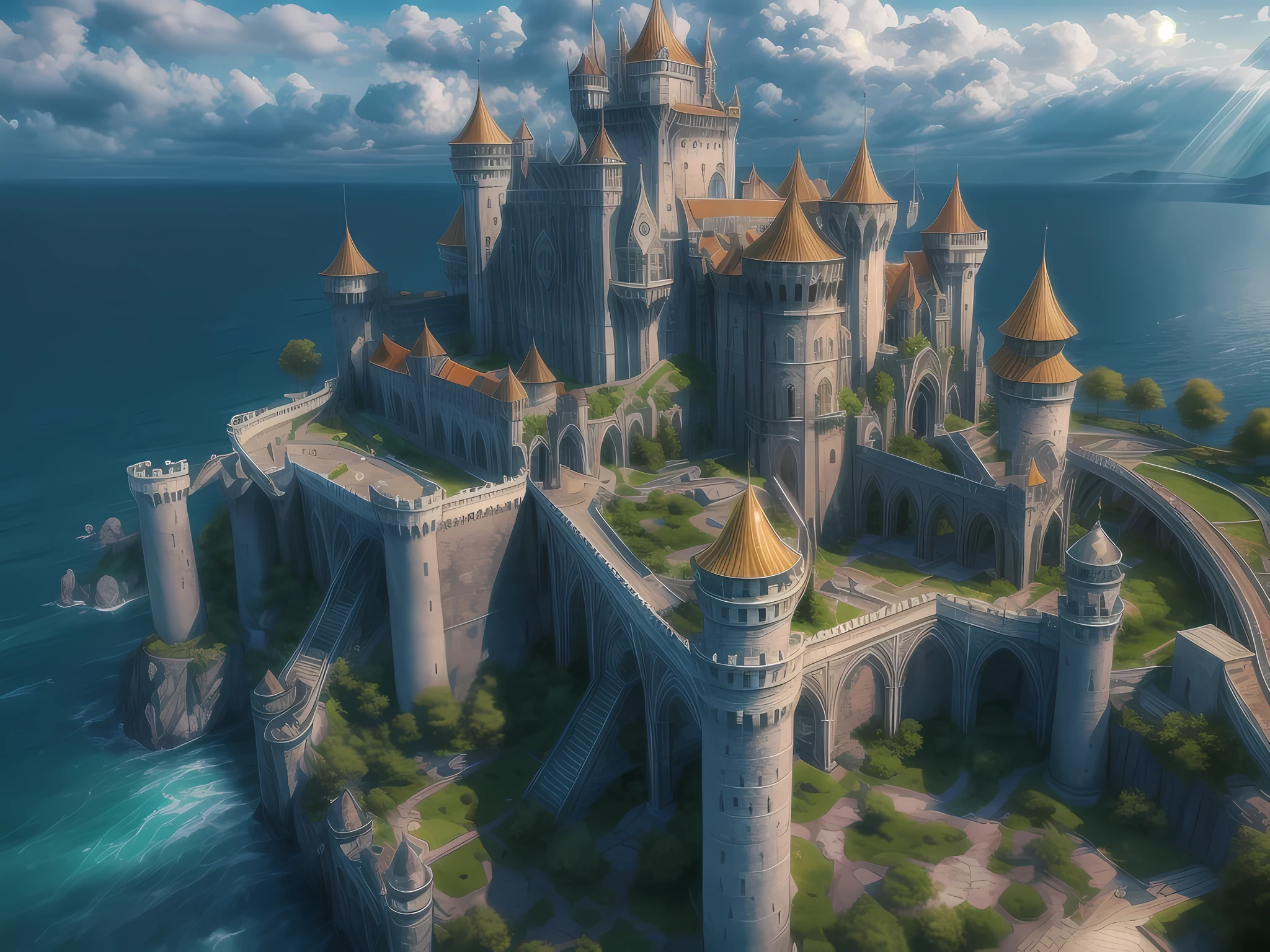 fantasy art, RPG art, photographic, National Geographic quality picture, award winning, (Best Detailed: 1.5), (best quality: 1.5) picture of an epic 1solocastle near the blue sea at dawn, it is a Middle ages castle it is master crat artistry, state of the art military architecture, perfect for defending its king, majestic castle,  there are (4 towers: 1.2), (massive walls: 1.2), (barbicans: 1.2), (flags: 1.2), ( a bridge: 1.2), (banners flying high: 1.3)the entire castle is being reflected in the sea in  a perfect image (Best details, Best quality: 1.5), the (blue: 1.3)  sea is calm and placid, its dawn, the sun is rising, there some light clouds in the sky, and sun rays, behind the castle the sea has many shades of blue,  best quality, (extremely detailed), ultra wide shot, photorealism, depth of field, hyper realistic, 2.5 rendering,