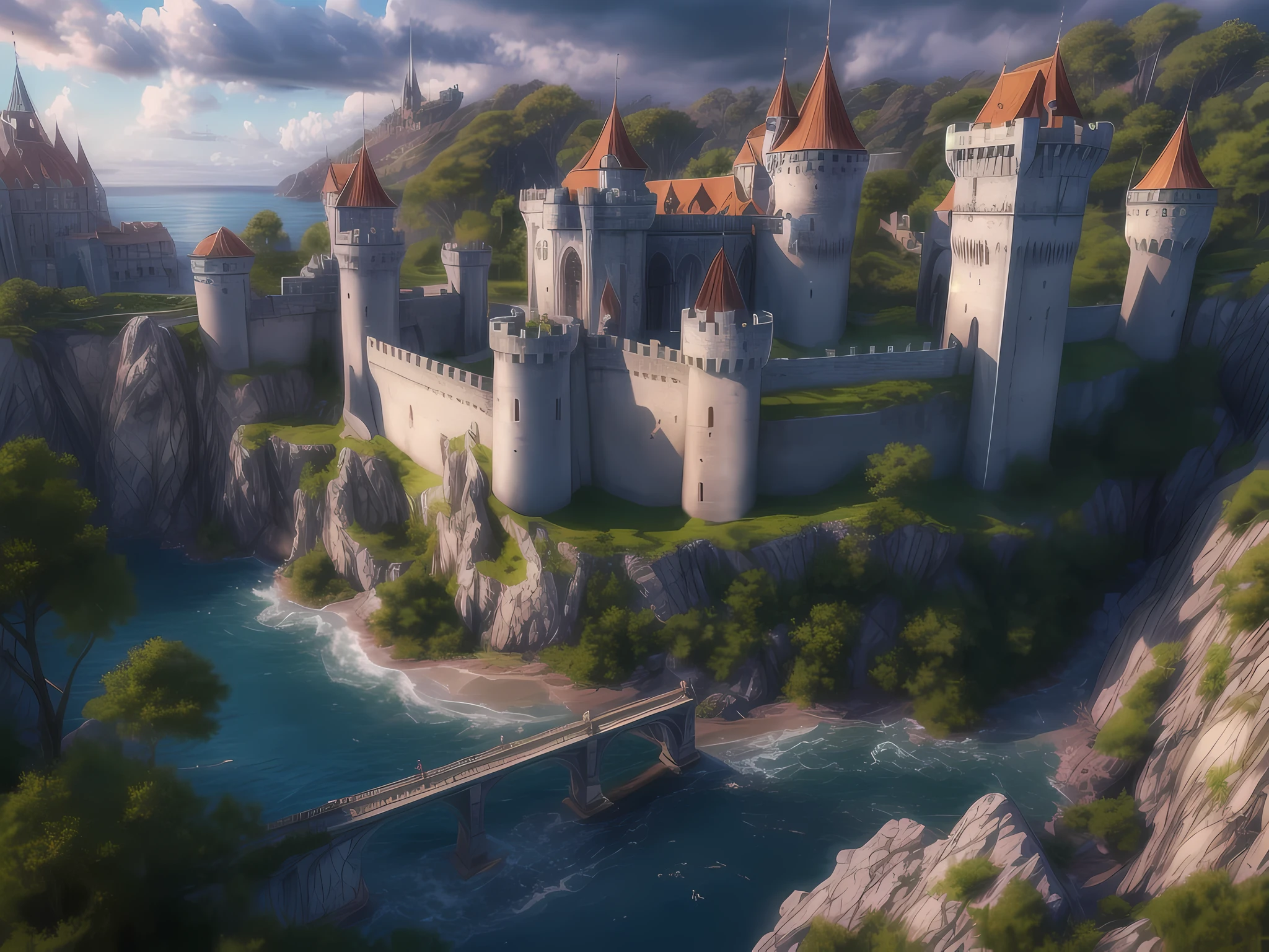 fantasy art, RPG art, photographic, National Geographic quality picture, award winning, (Best Detailed: 1.5), (best quality: 1.5) picture of an epic 1solocastle near the blue sea at dawn, it is a Middle ages castle it is master crat artistry, state of the art military architecture, perfect for defending its king, majestic castle,  there are (4 towers: 1.2), (massive walls: 1.2), (barbicans: 1.2), (flags: 1.2), ( a bridge: 1.2), (banners flying high: 1.3)the entire castle is being reflected in the sea in  a perfect image (Best details, Best quality: 1.5), the (blue: 1.3)  sea is calm and placid, its dawn, the sun is rising, there some light clouds in the sky, and sun rays, behind the castle the sea has many shades of blue,  best quality, (extremely detailed), ultra wide shot, photorealism, depth of field, hyper realistic, 2.5 rendering,