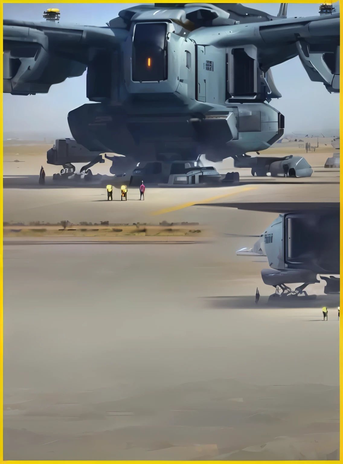 there is a helicopter that is flying over a runway, landed spaceship in background, spaceship in background, saudi futuristic warrior mecha, spaceship landing, high detail concept art, inside a futuristic army base, gigantic landing pad, lockheed concept art, really close - up shot, expert high detail concept art, movie concept art, future concept art, spaceship concept art