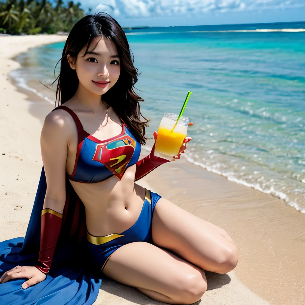 Supergirl、Tropical Beach、blue sea、White Sand、Tropical Drinks、くつろぐSupergirl、