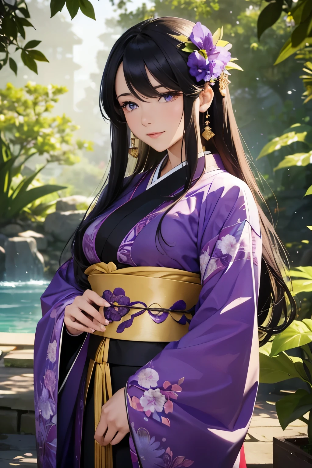 In the season of fresh green leaves, blooming irises surround a woman dressed in a black Japanese-style kimono with a vibrant purple Obi. Her long, lustrous black hair is intricately tied in a traditional Japanese hairstyle, accentuating her elegant appearance. With a serene expression, she gazes up at the sky, tilting her head slightly to reveal her beautiful, shimmering purple eyes. The vibrant purple color of her eyes complements the overall color scheme of the scene, radiating a sense of mystery and enchantment.
The sky above her is painted in soft shades of blue and pink, indicating the calming atmosphere of a tranquil afternoon. Sunlight gently filters through the leaves of the trees, casting subtle shadows on her graceful figure. As the light catches the delicate texture of her shimmering silk kimono, a play of light and shadows dances across the fabric, adding depth and dimension.
In the background, irises, symbolizing courage and admiration, stand tall and vibrant. Their petals are vivid and their colors burst with life, further enhancing the beauty of the scene. The composition exudes a sense of tranquility, elegance, and timeless grace.
This artwork is of the highest quality and boasts impeccable detail. Every element is painstakingly depicted, capturing the intricate beauty of traditional Japanese culture. The result is a masterpiece that evokes a serene ambiance and showcases the artistry of both the subject and the artist.
(best quality, 4k, 8k, highres, masterpiece:1.2), ultra-detailed, (realistic, photorealistic, photo-realistic:1.37) portraits, Japanese art, traditional, beautiful, serene, tranquil, vibrant colors, shimmering silk, intricate details, traditional hairstyle, elegant appearance, mysterious atmosphere, shimmering purple eyes, soft shades of blue and pink, sunlight filtering through leaves, subtle play of light and shadows, blooming irises, symbolizing courage and admiration, burst with life.
Notice:The prompt generated above is an
