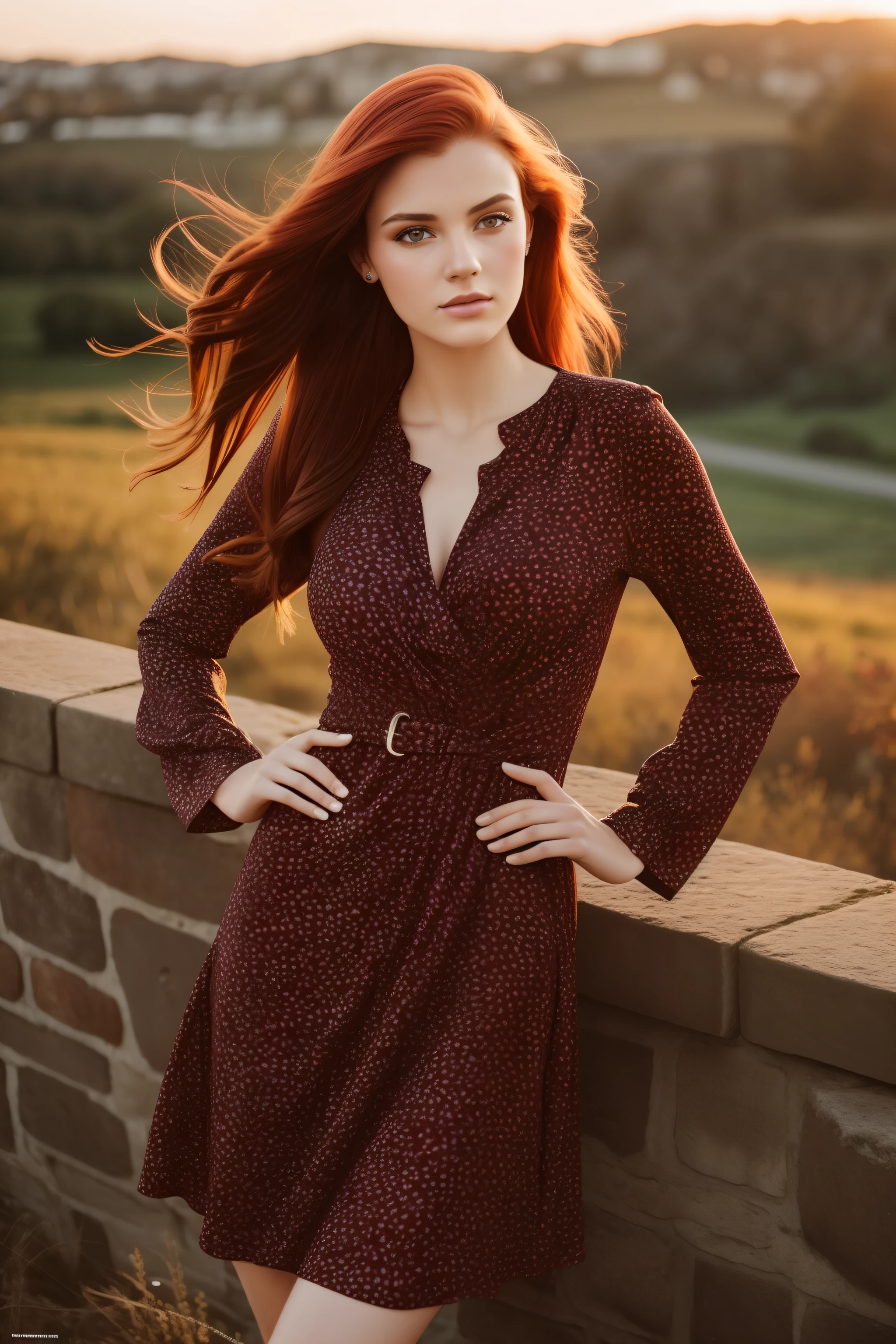 Glanz, Fashion photo, Vogue-Magazin, beautiFul, 18 Jahre alt, Girl with messy red hair, schlank, Very small breasts, reine Augen, bilden, Einzelheiten, sehr detailliert, Modezeitschrift, near the old castle, Sonnenuntergang, Felgenlicht, filmische Beleuchtung,
Kurzes schwarzes Langarmkleid aus Stretch-Jersey mit Kirschen-Print:
• Multicolored • Round neck • Long sleeves, Spaltpolyester ISO 100, F / 4, 1/200 S..